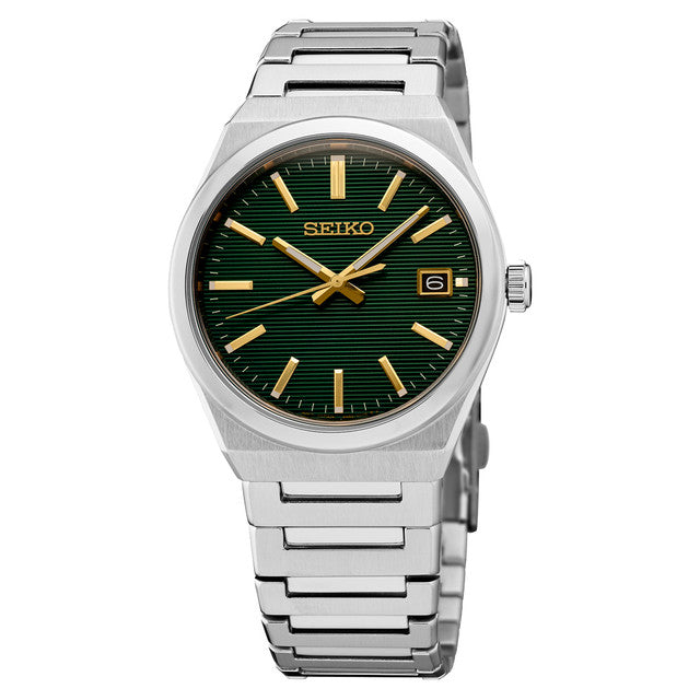 Front View SEIKO Essentials Watch with Green Striped Dial