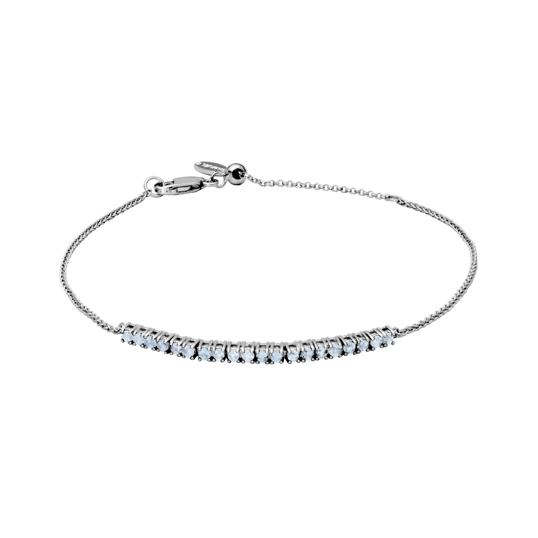 Picture of adjustable chain bracelet with a row of aquamarine gemstones.