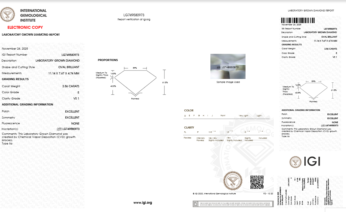 Laboratory diamond certification document with IGI logo