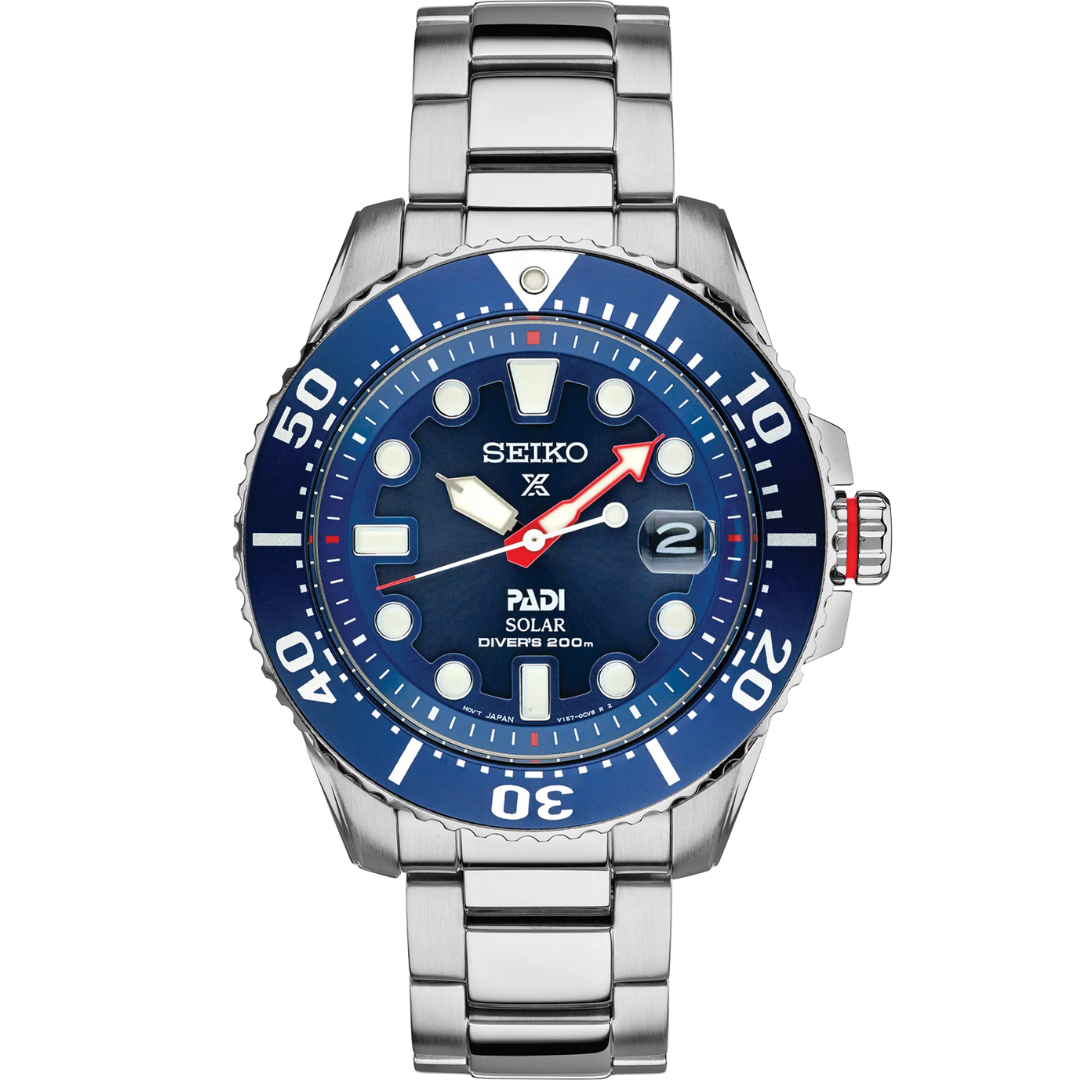 Front view of SEIKO MEN'S PROSPEX Padi Special Edition Solar Blue-Dial Dive Watch on transparent background.