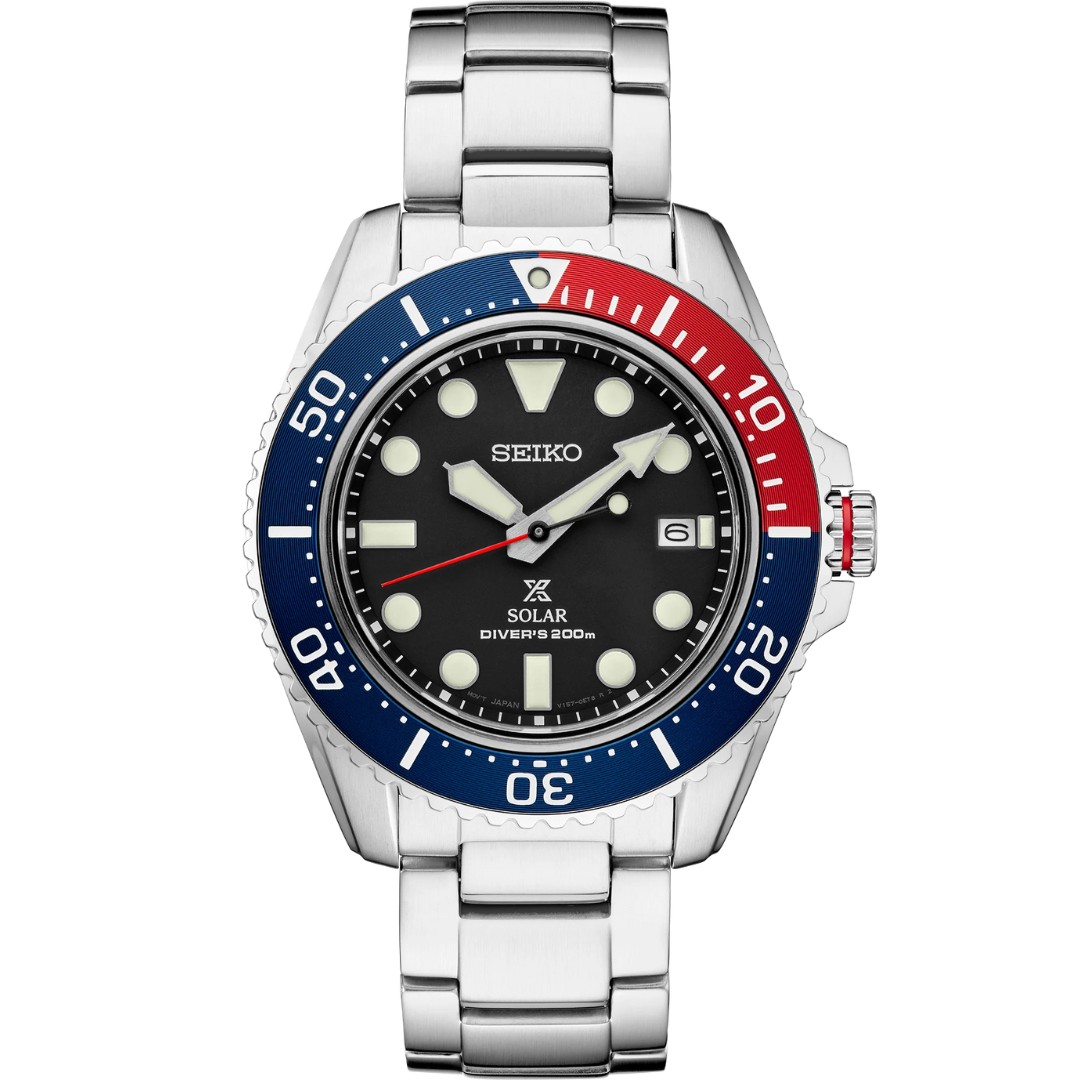 Front view of SEIKO MEN'S PROSPEX Solar Diver Blue and Red Timing Bezel Watch on transparent background.