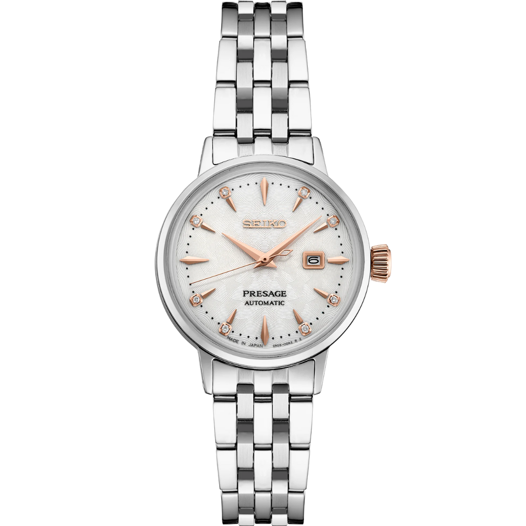 Front view of SEIKO WOMEN'S AUTOMATIC PRESAGE "Clover Club" Diamond Cocktail Time Watch on transparent background.