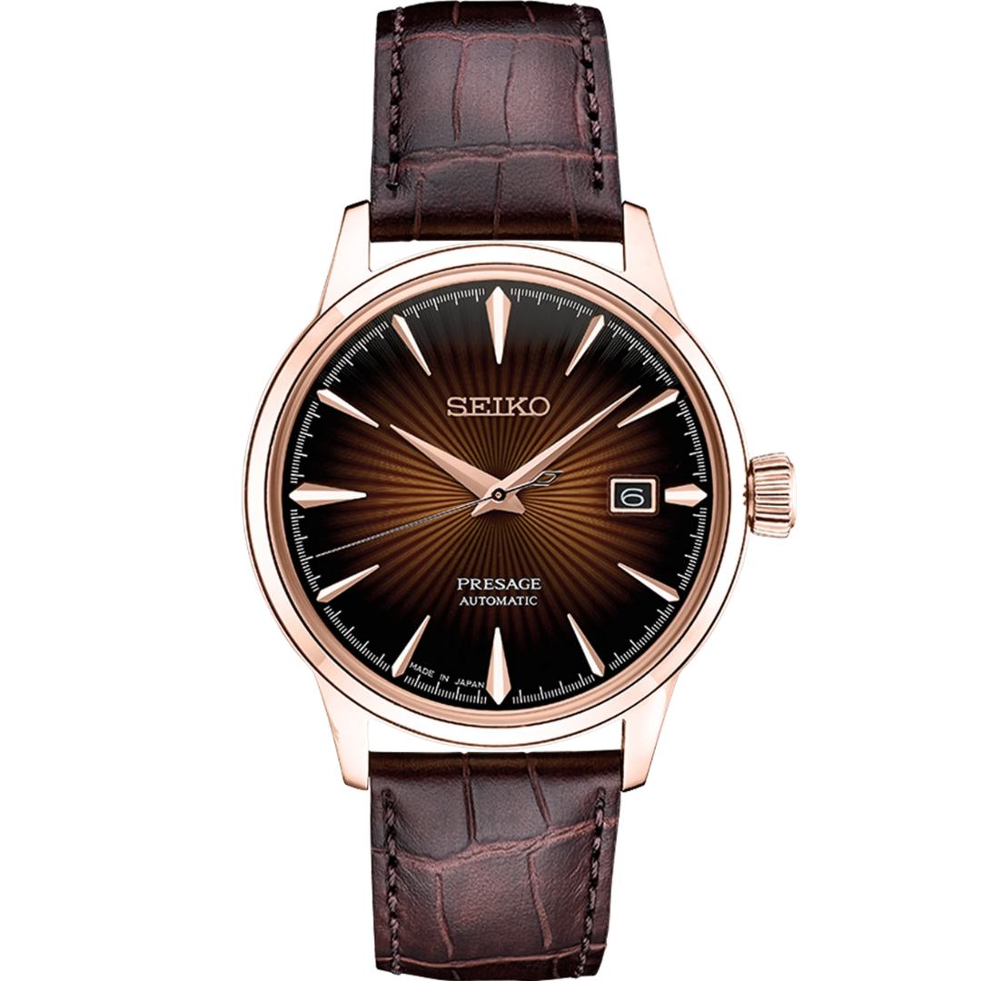 Front view of SEIKO MEN'S PRESAGE Automatic Burgundy-Dial Cocktail Time Watch on transparent background.