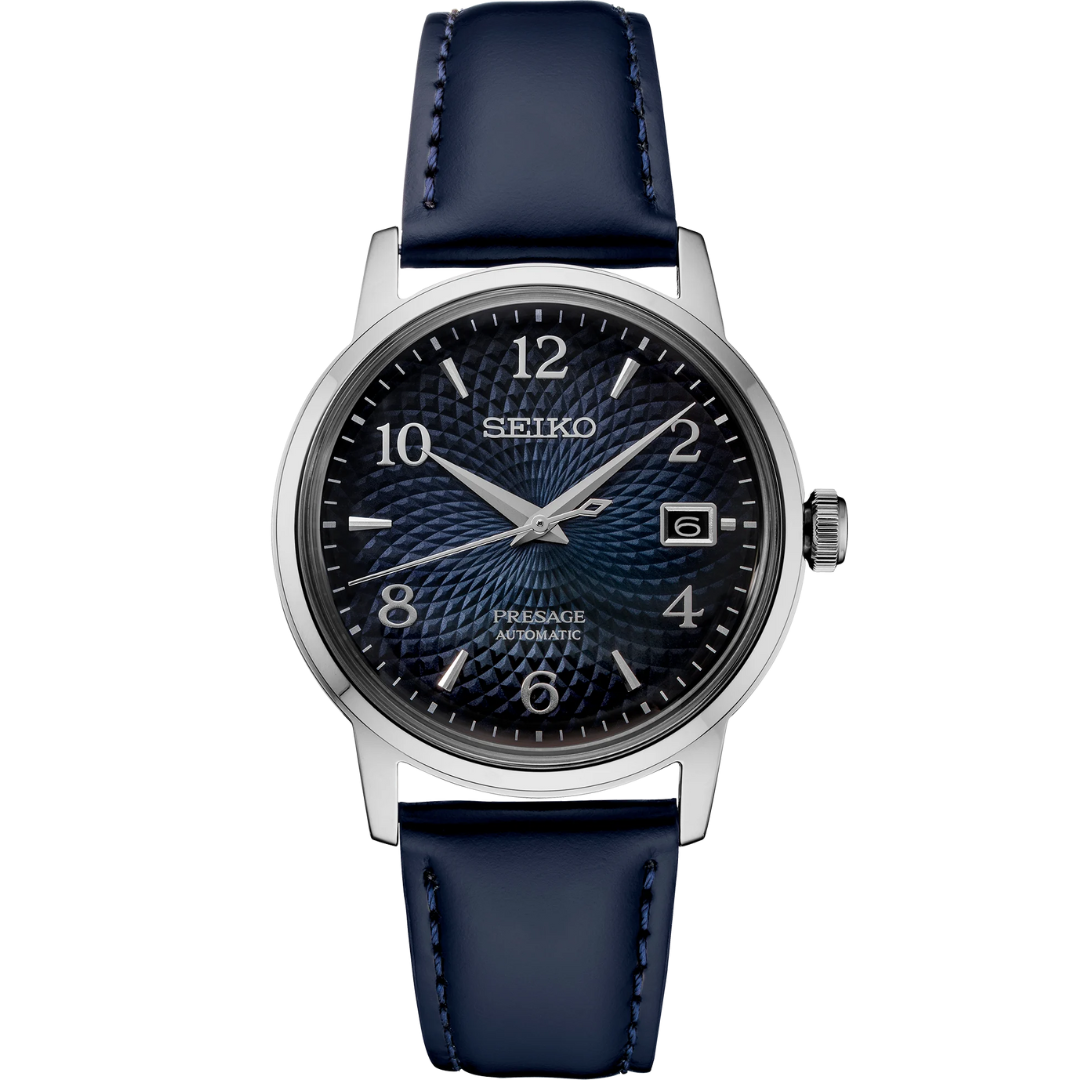 Front view of SEIKO Presage Cocktail Time Watch on transparent background.