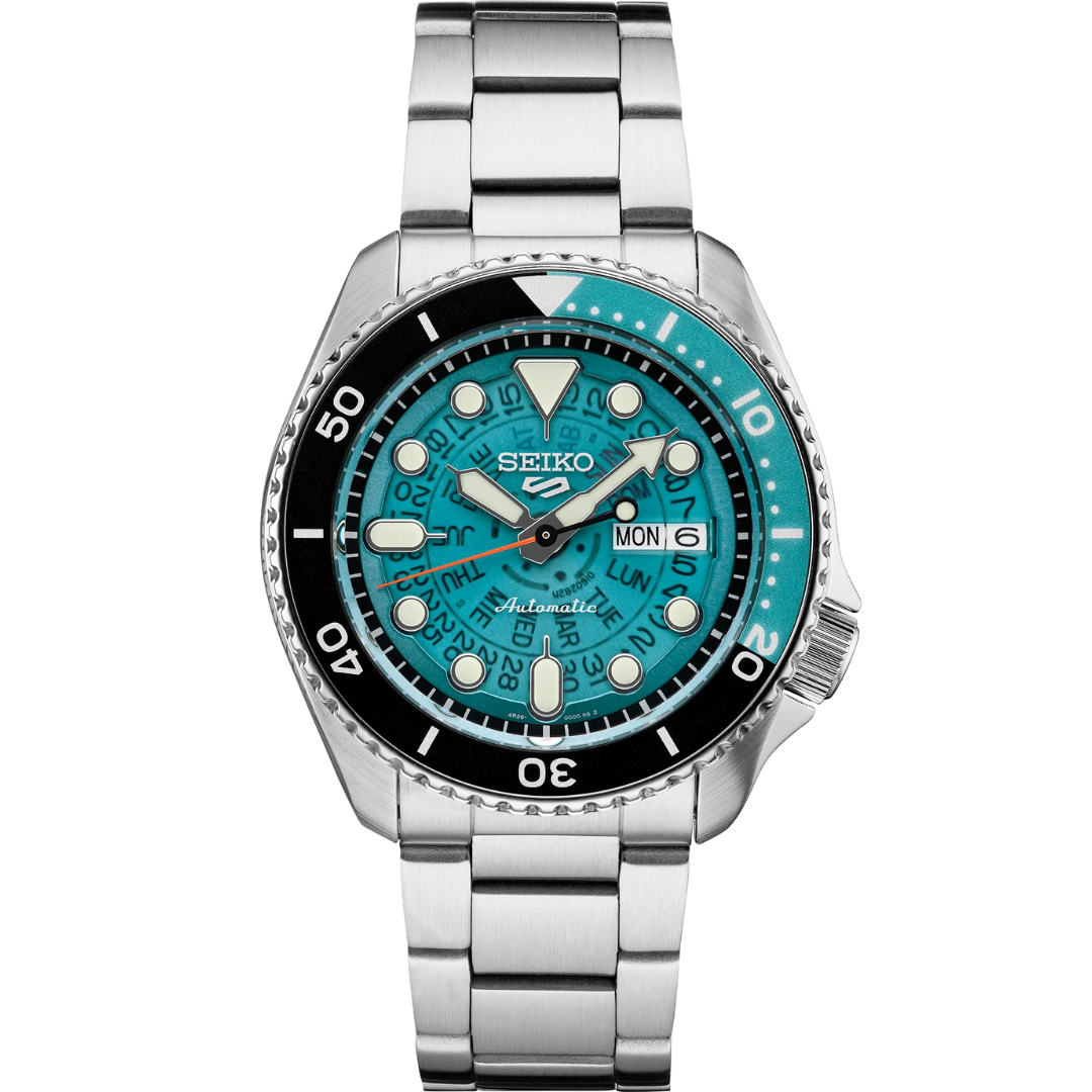 SEIKO MEN'S 5 SPORTS Automatic Translucent Teal-Dial Watch on transparent background.