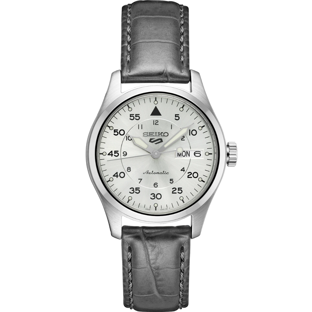 Front of Seiko Men's 5 Sports Gray Leather Strap Watch on transparent background.