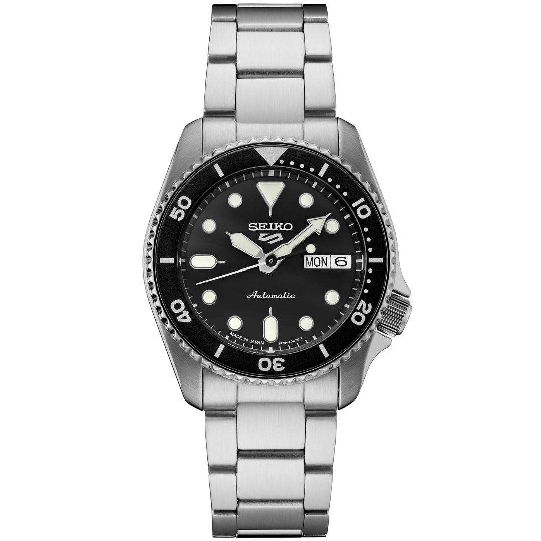 Front view of SEIKO MEN'S 5 SPORTS SKX Automatic Black-Dial Watch on transparent background.