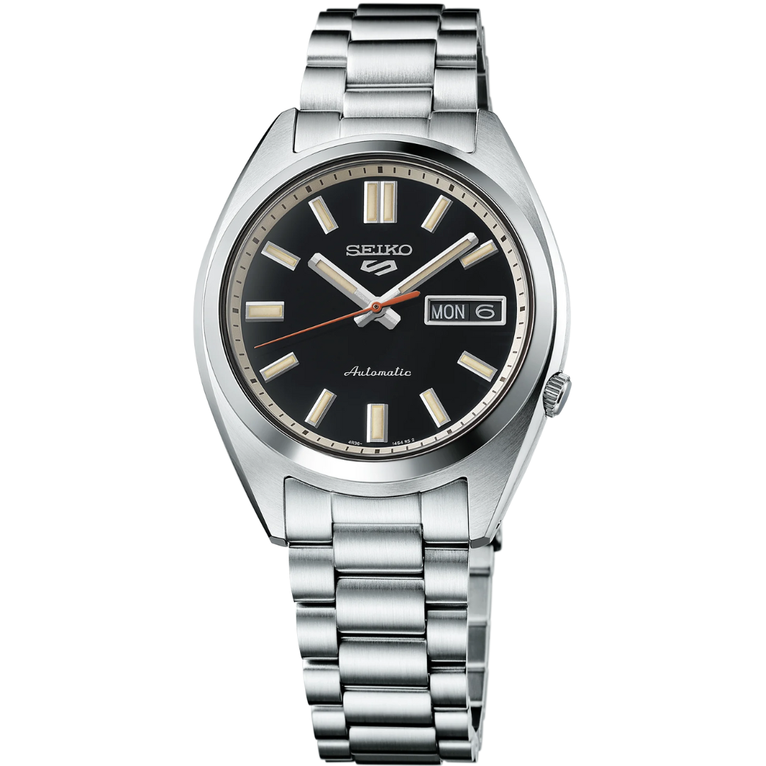 Front view of SEIKO MEN'S 5 SPORTS Automatic Black Dial Watch on transparent background.