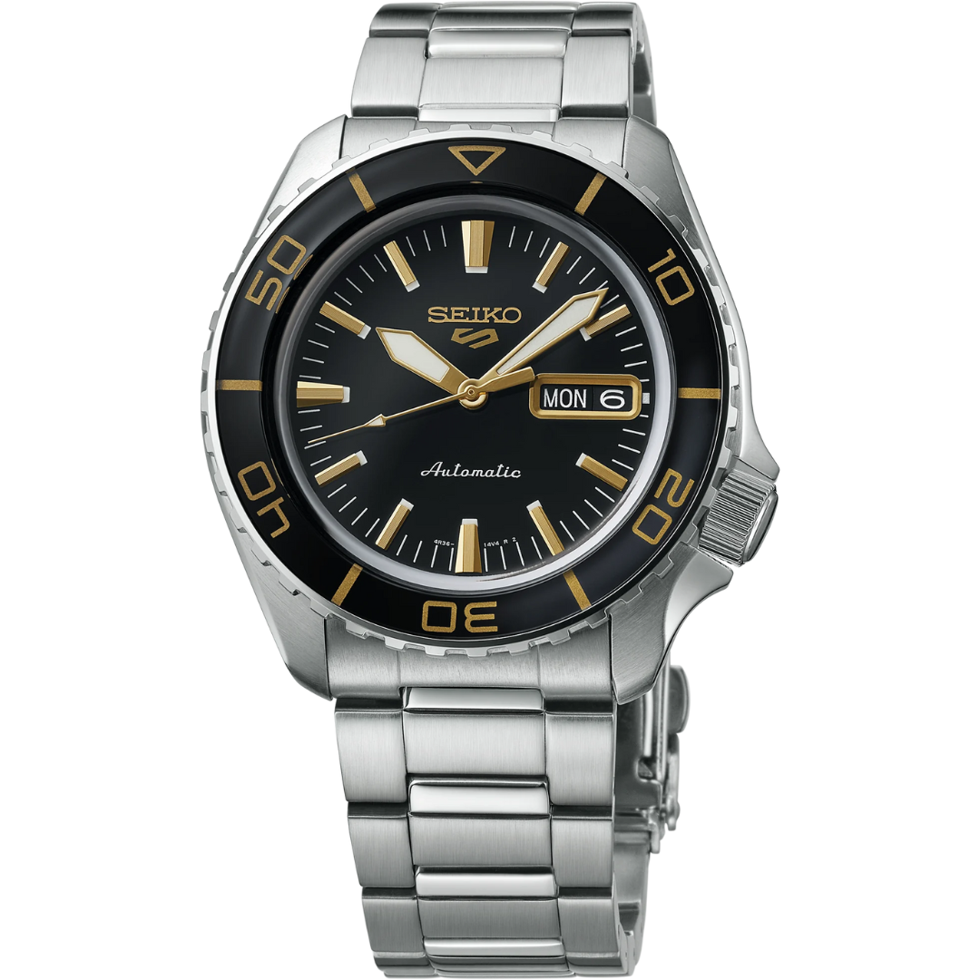 Front view of SEIKO MEN'S 5 Sports Automatic Black Dial Watch on tranparent background.