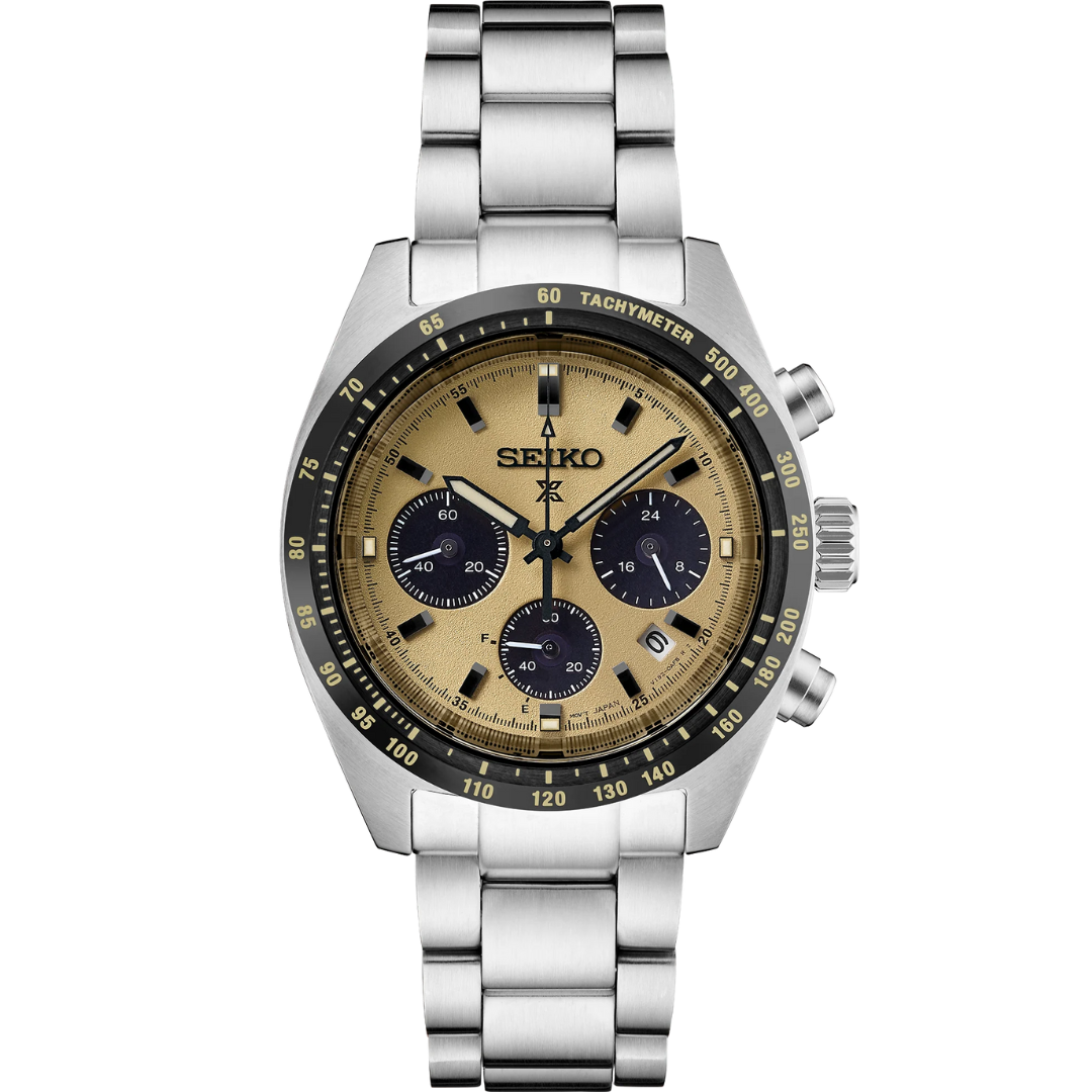 Front view of SEIKO MEN'S SOLAR PROSPEX Speedtimer Chronograph Yellow Dial Watch on transparent background.