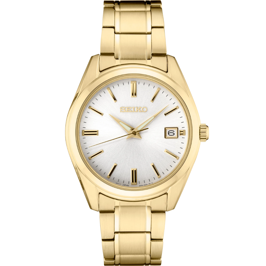 Front view of SEIKO MEN'S ESSENTIALS White-Dial Gold Tone Watch on transparent background.