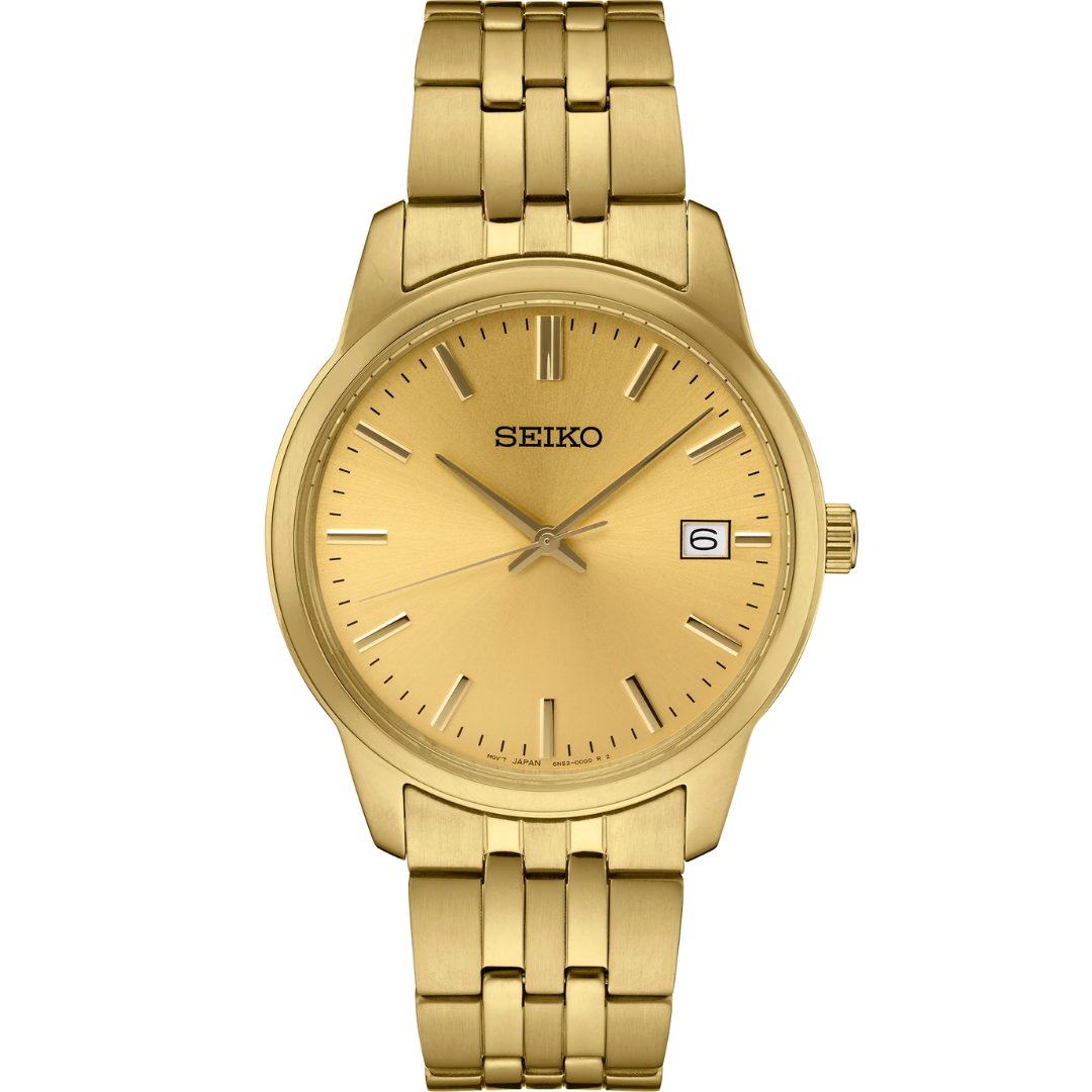 SEIKO MEN'S ESSENTIALS Champagne Dial Gold Tone Watch on transparent background.