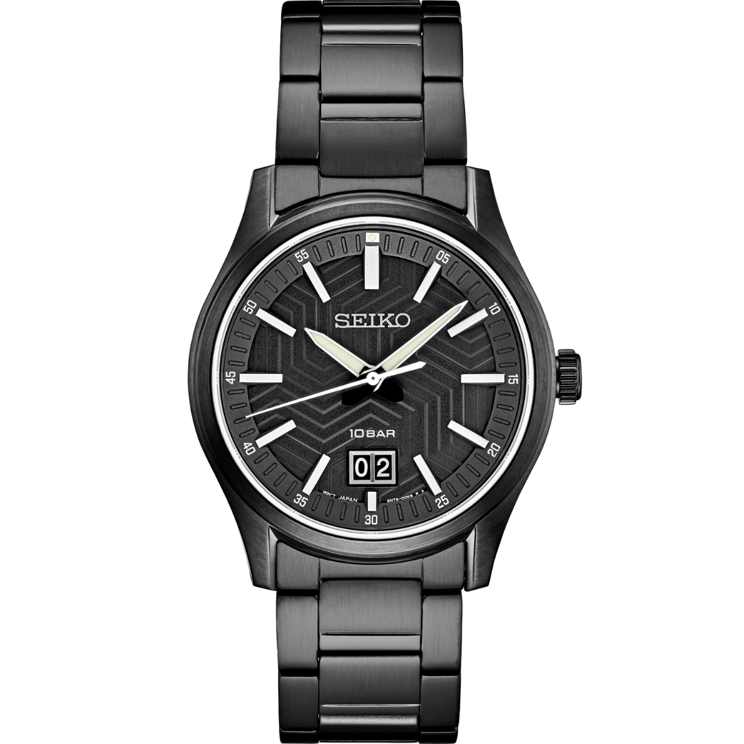 Front view of SEIKO MEN'S ESSENTIALS Geometric Blacked-Out Dial Watch on transparent background.