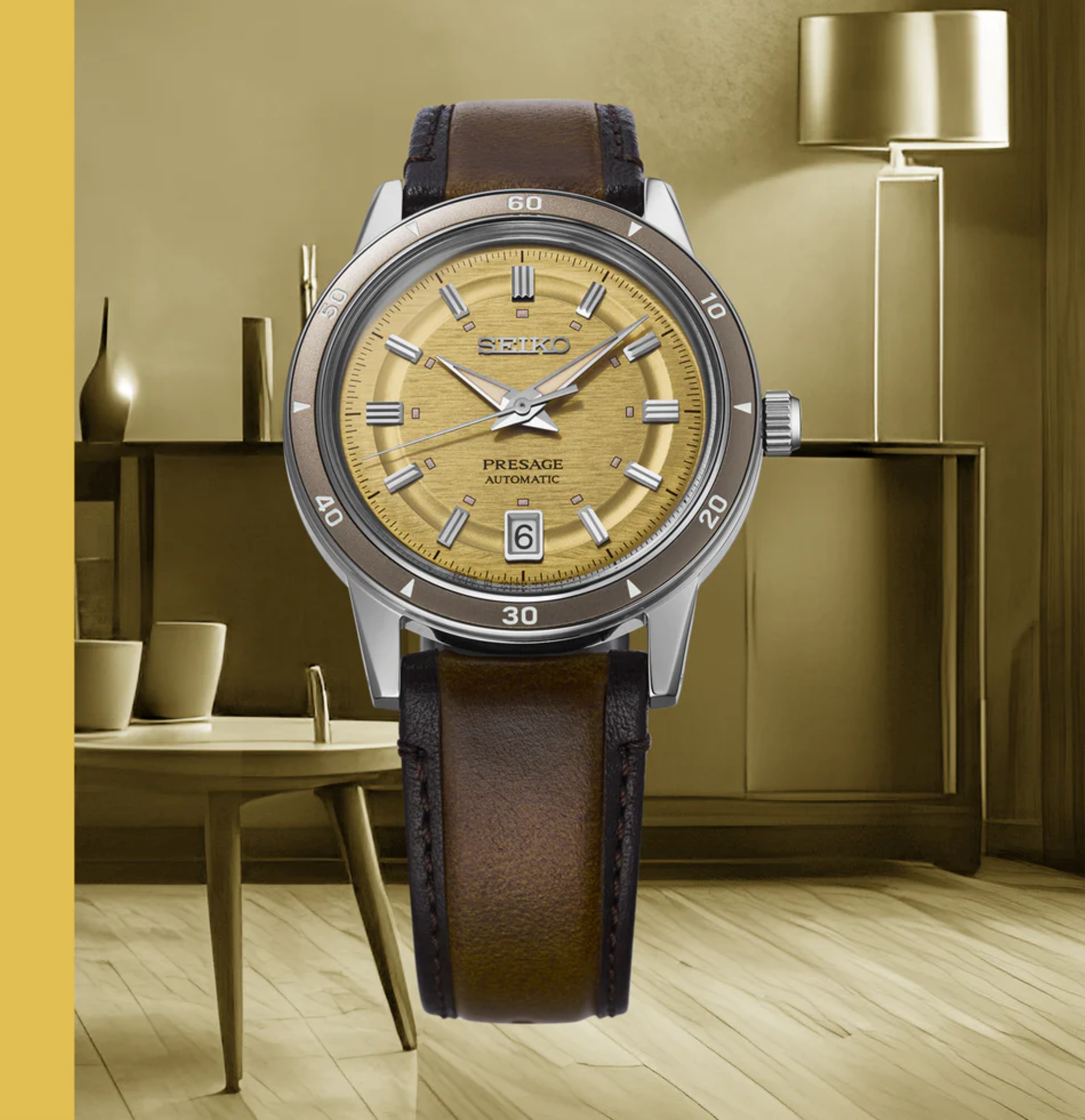 GOLD DIAL PRESAGE  SEIKO WATCH ON A WHITE BACKGROUND