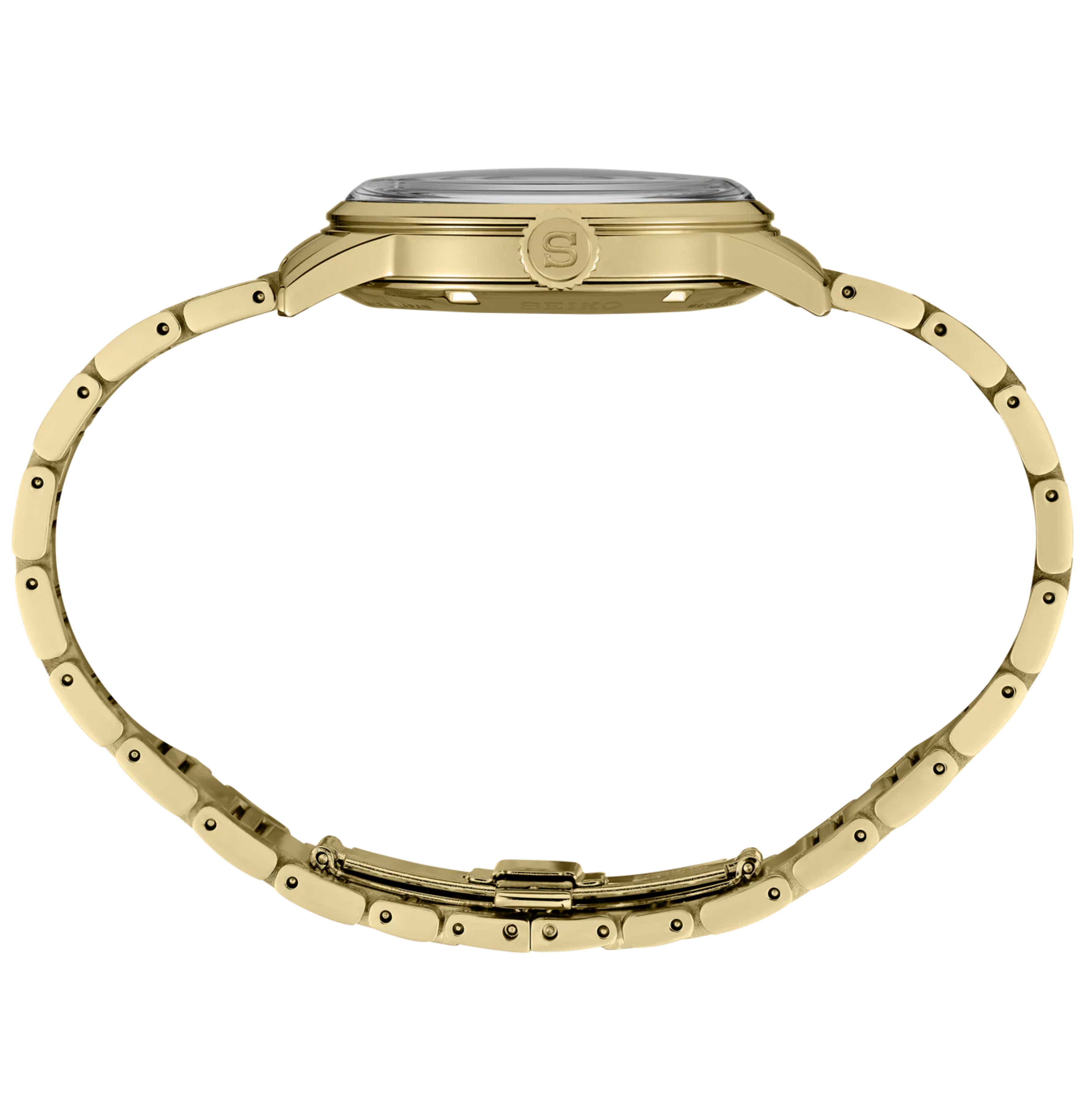 Gold watch strap on a white background