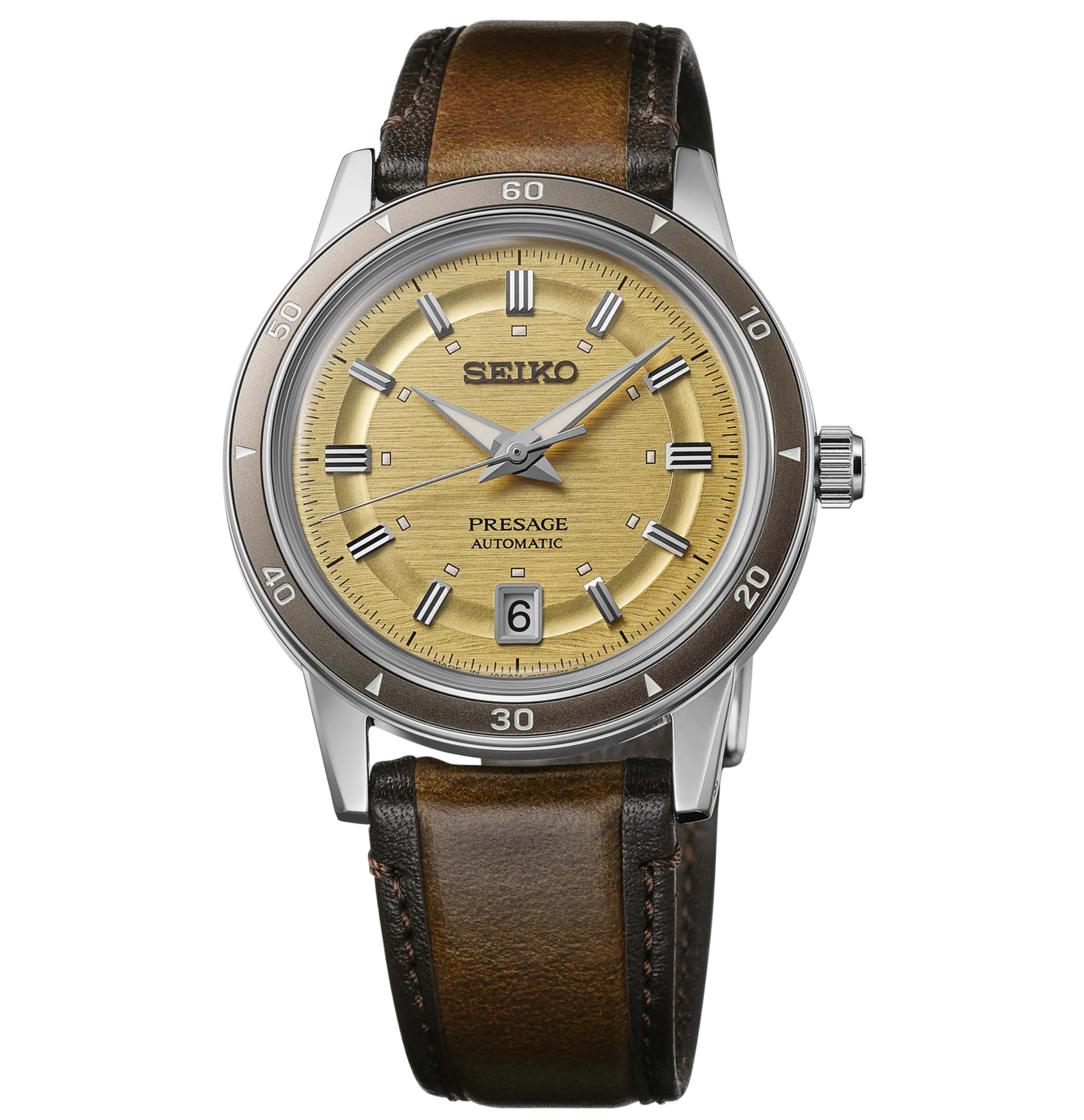 GOLD DIAL PRESAGE  SEIKO WATCH ON A WHITE BACKGROUND