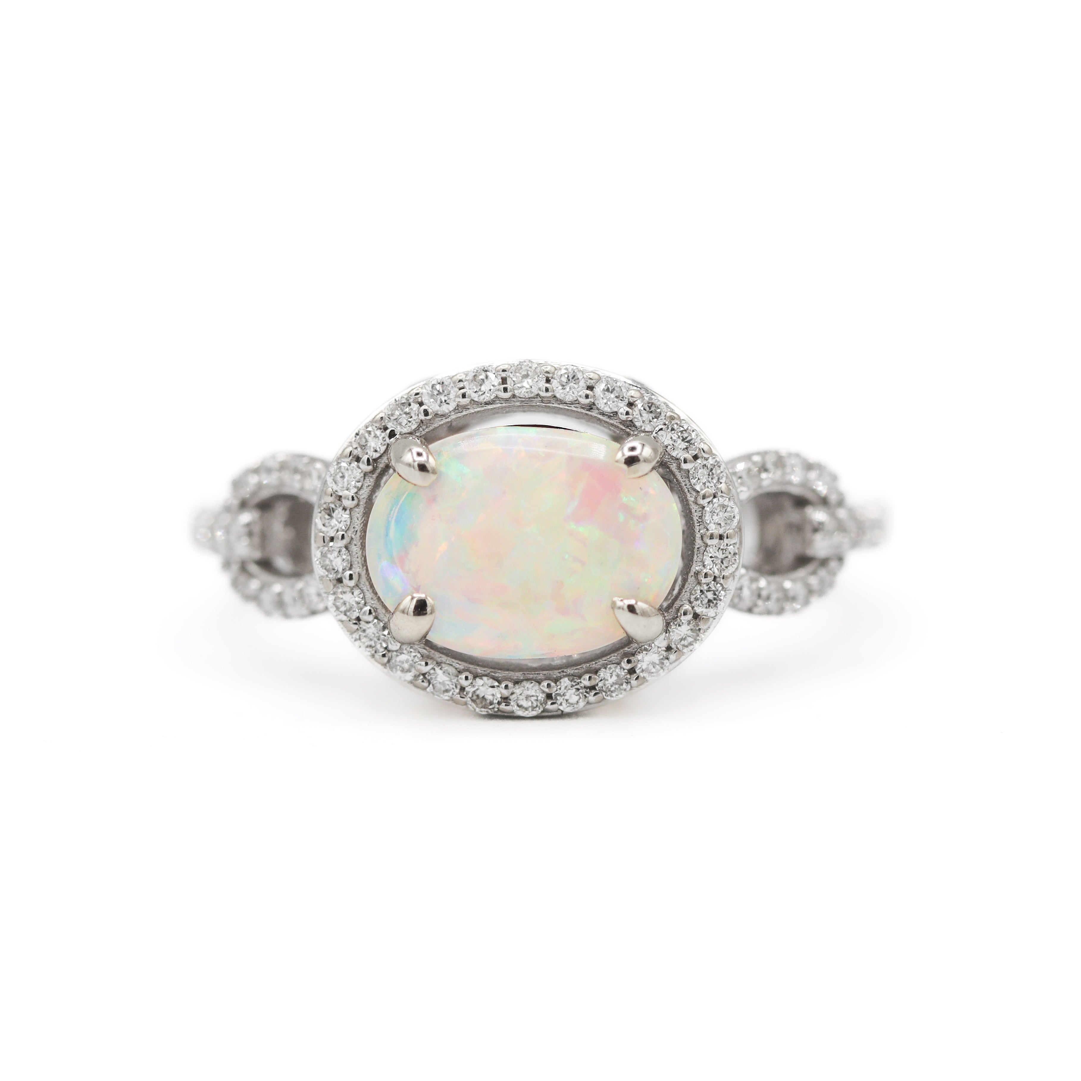 14K White Gold 0.68CT. Australian Opal & 0.32CTW. Diamond Halo Accented Ring