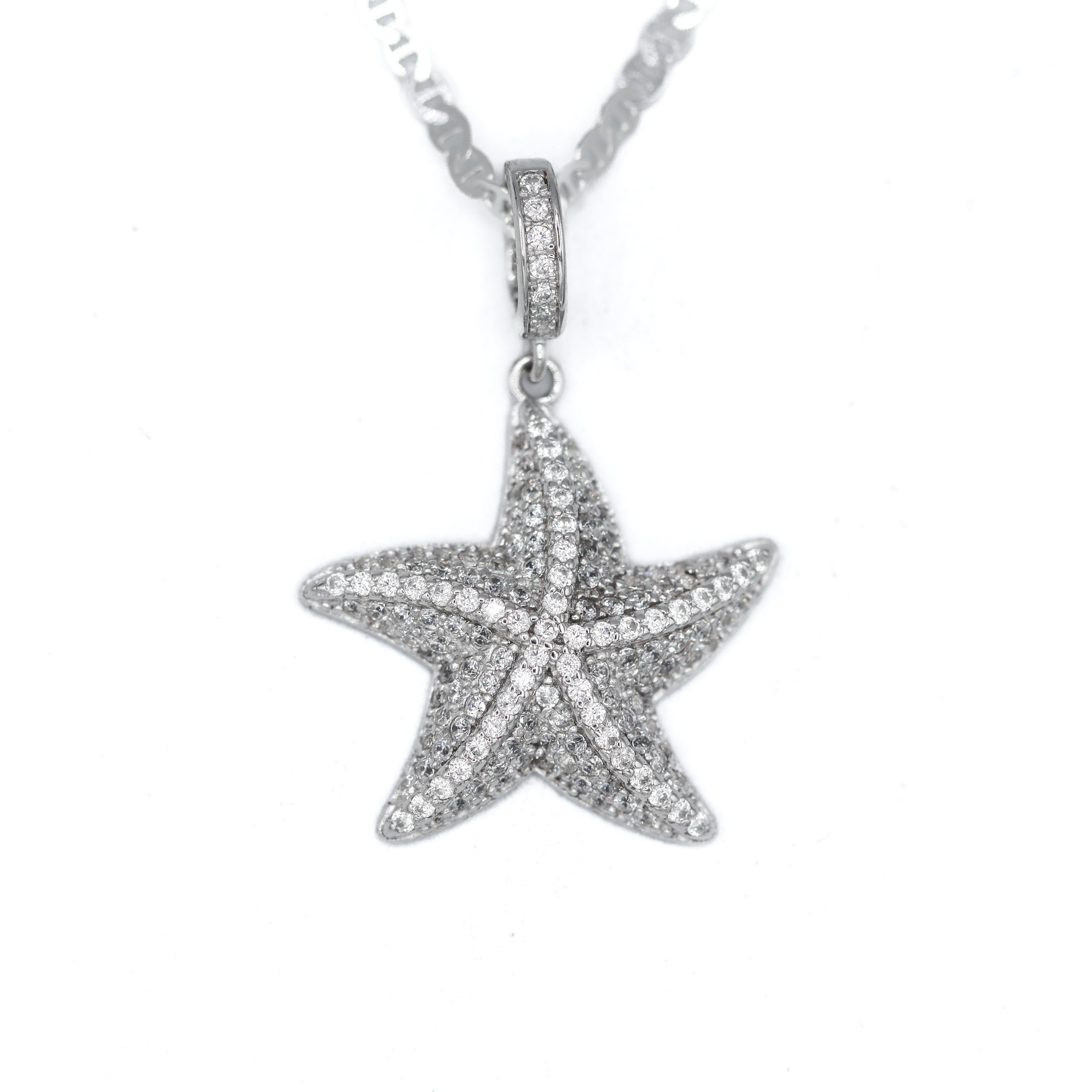 Sterling Silver Created White Sapphire Pave Set Starfish Pendant Necklace on an 18" Mariner Link Chain