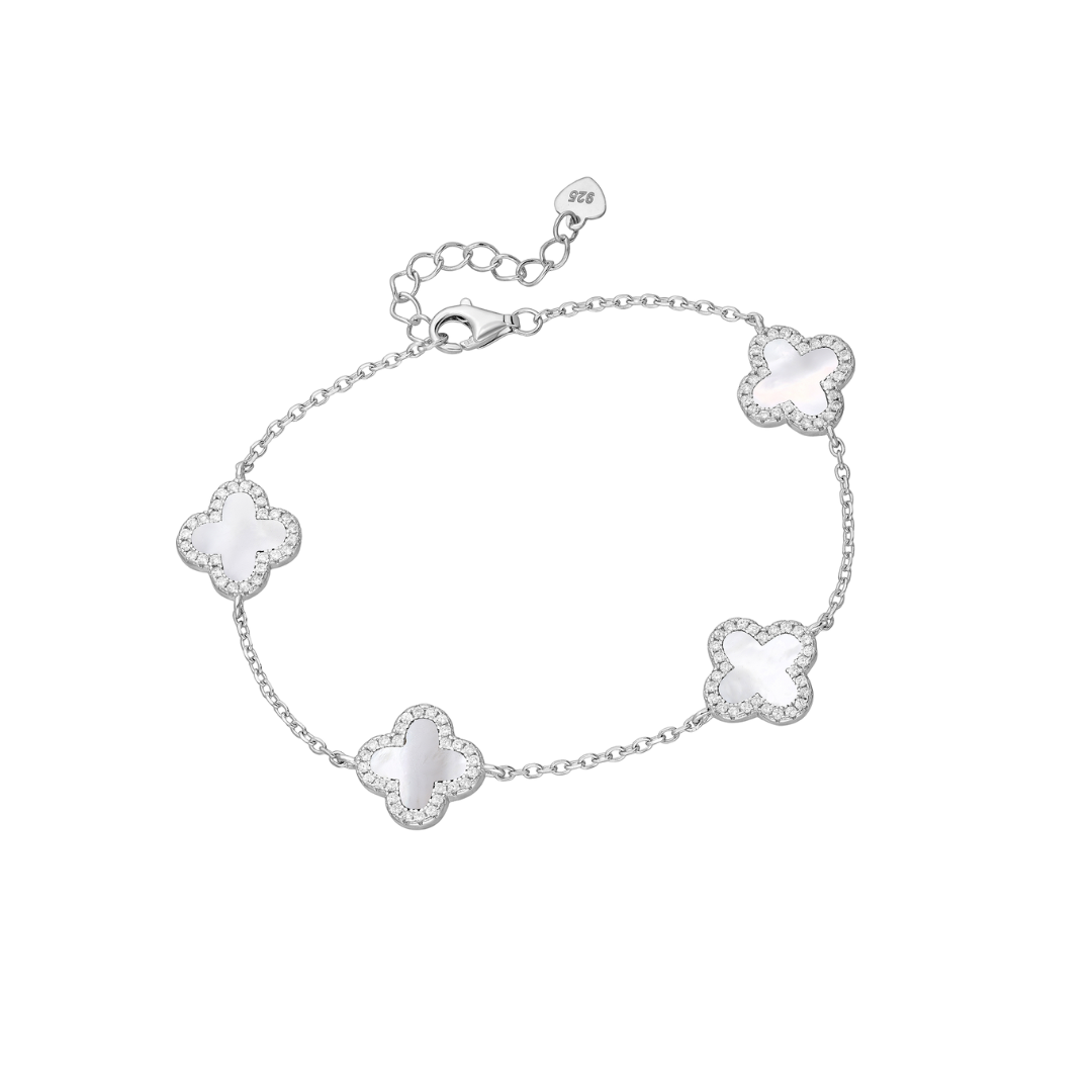 Sterling Silver Mother Of Pearl Colored Stones 7" Clover-Inspired With CZ Stones Station Bracelet