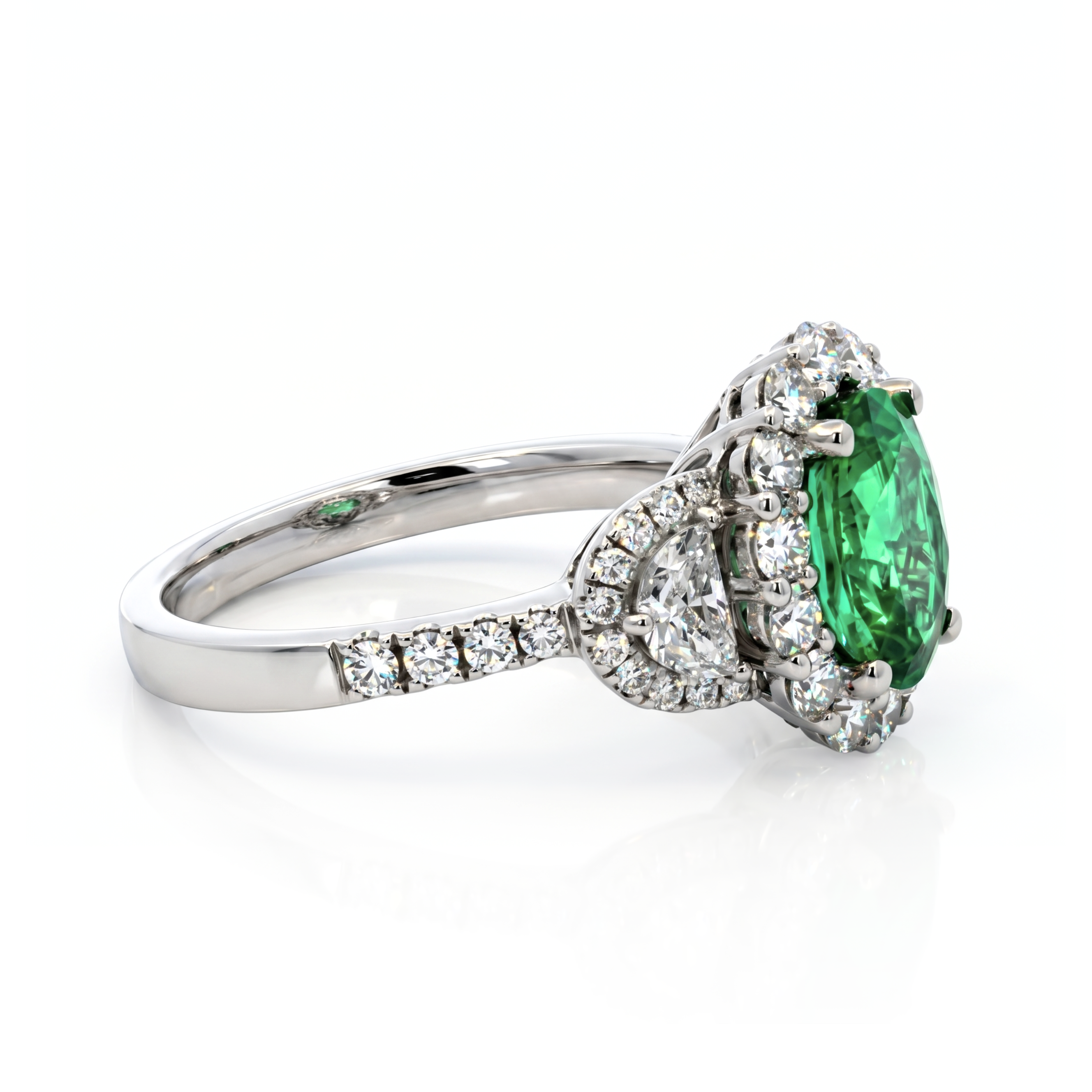 18K White Gold 1.52CT. Oval Natural Emerald and 1.16CTW. Diamond Halo 3-Stone Accented Ring