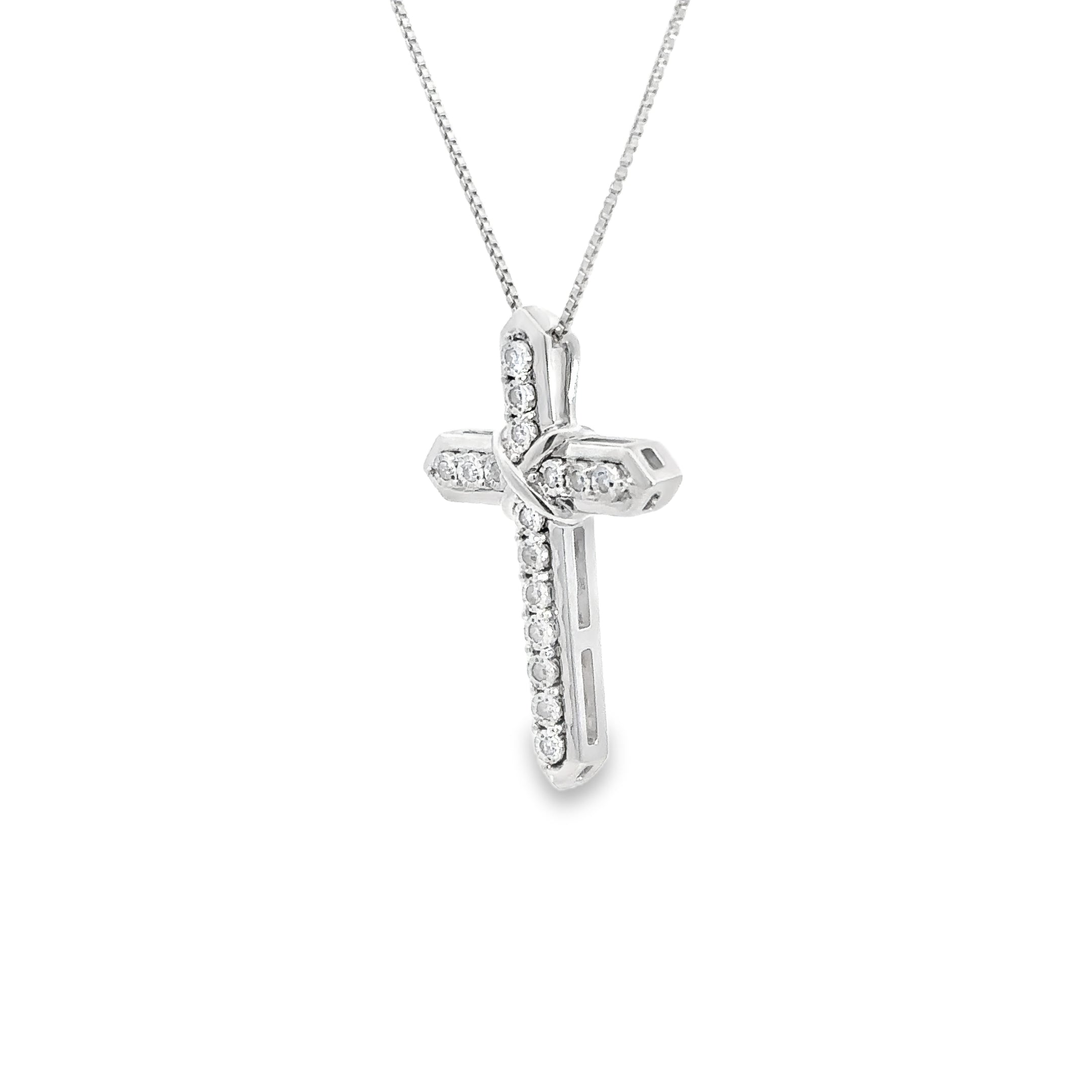 Sterling Silver 1/10CTW. Diamond Cross Pendant Necklace angled to the left