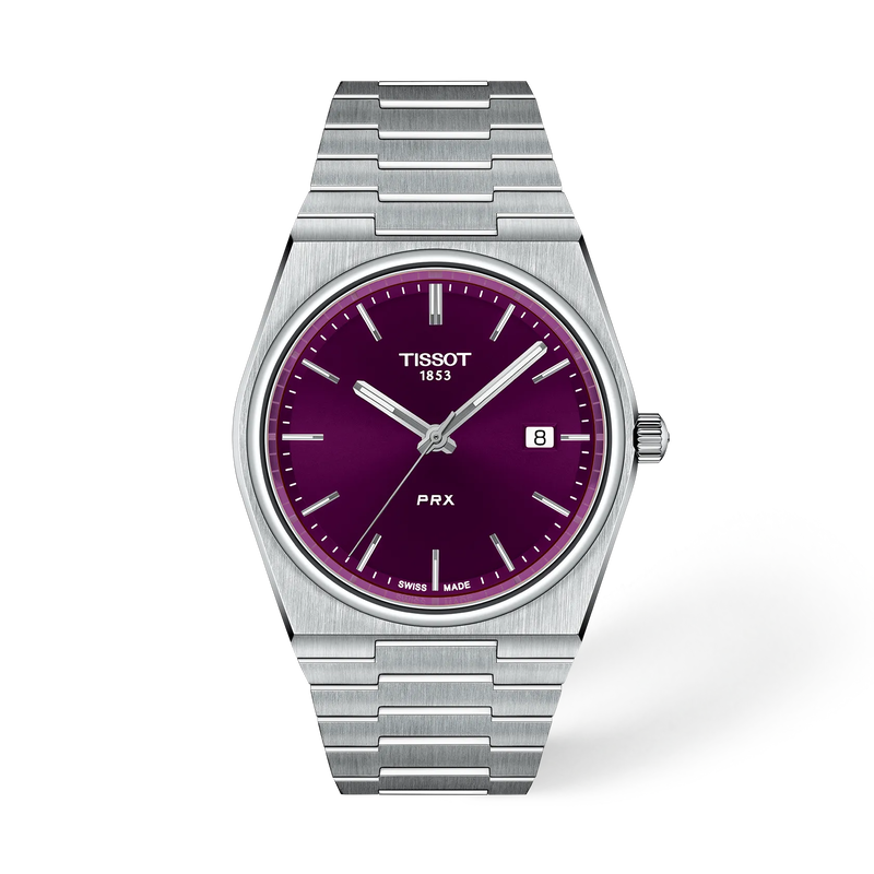 Front view of Tissot PRX T137.410.11.401.00 with purple dial, silver-tone hands and stainless steel bracelet.