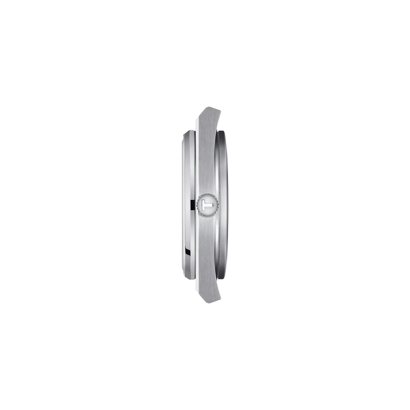 Side profile of the Tissot PRX 40mm stainless steel case and crown.