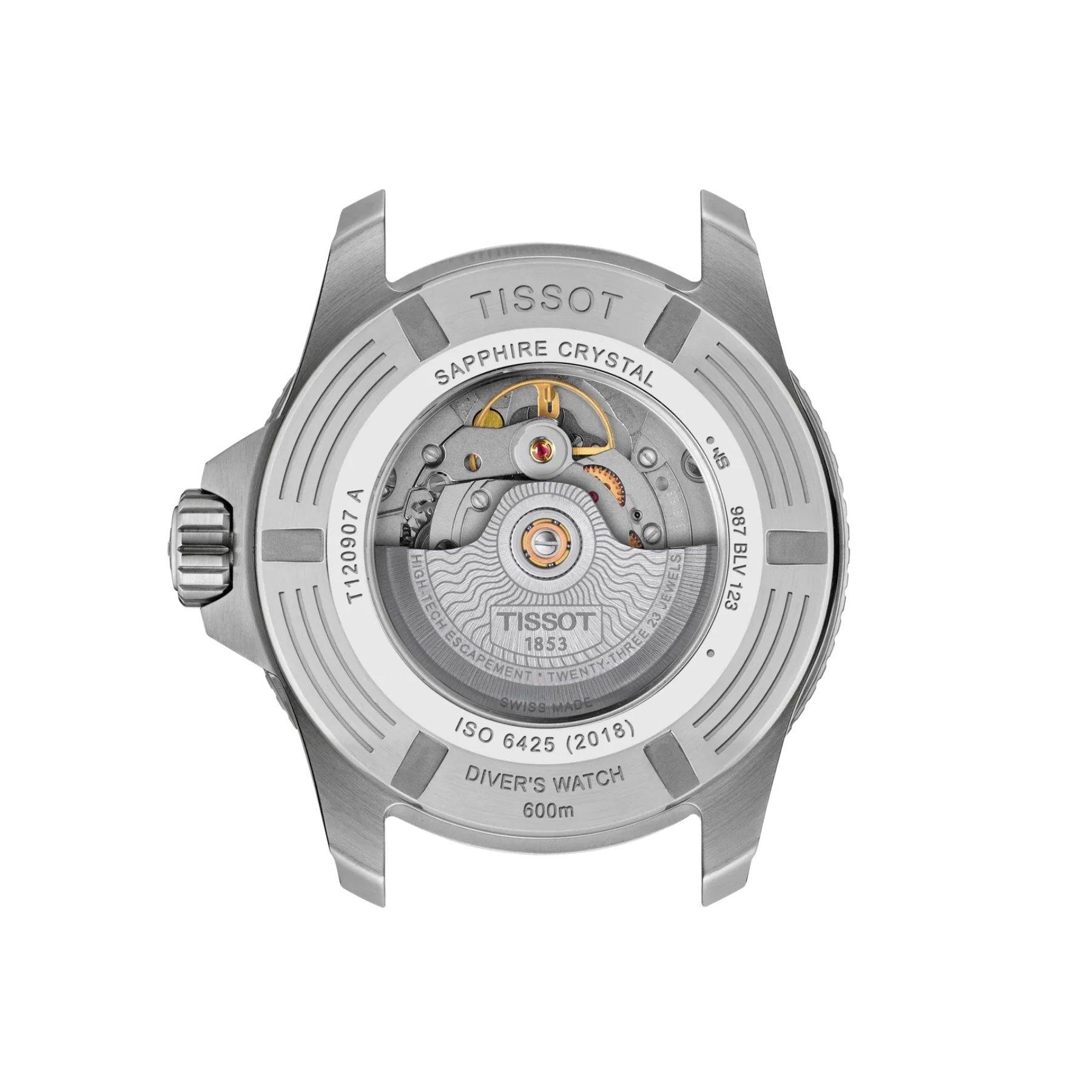 Back view of a Tissot watch with visible mechanical components on a white background