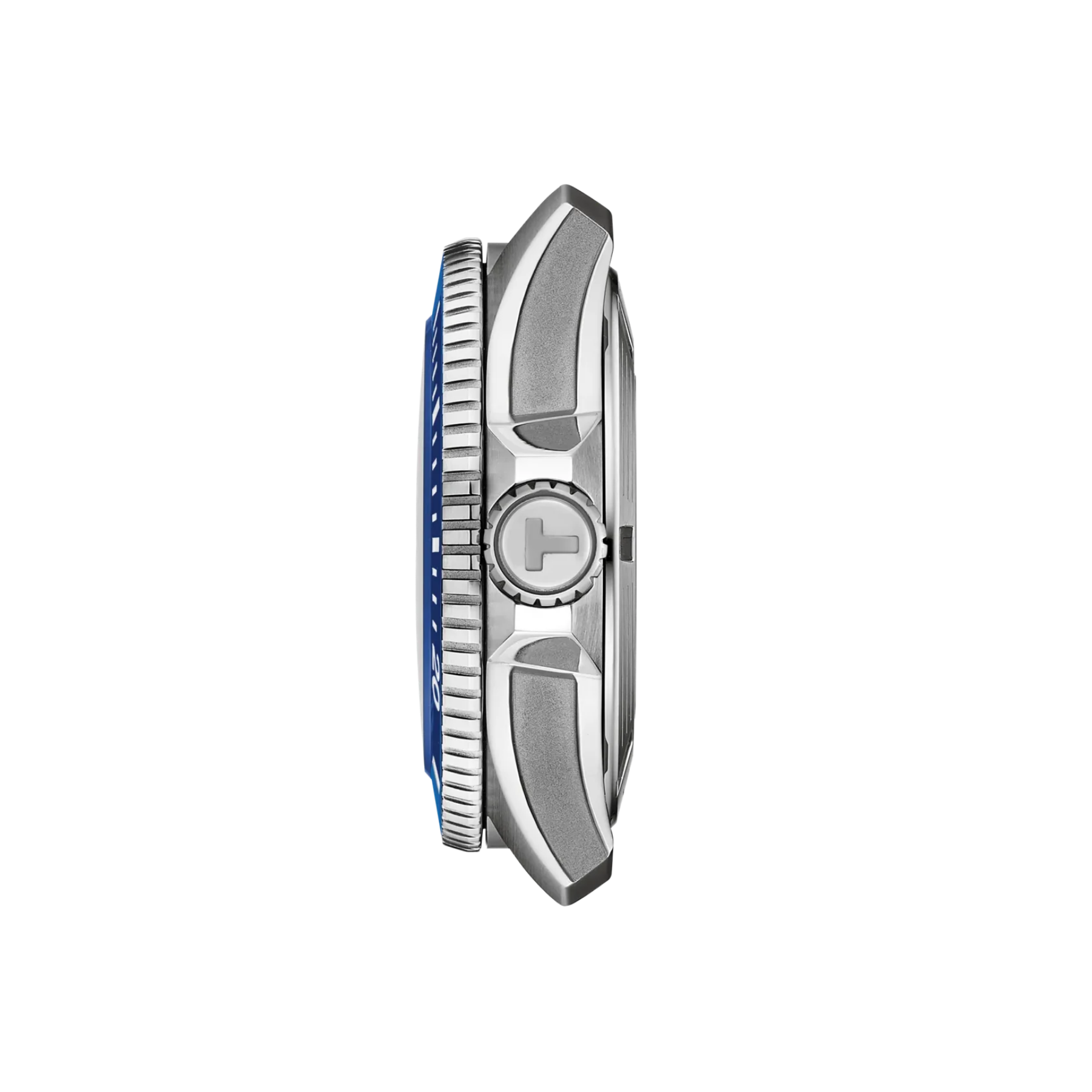 A close-up side profile of a silver-toned watch with a blue and silver fluted bezel and a central crown detail, shown against a solid white background.