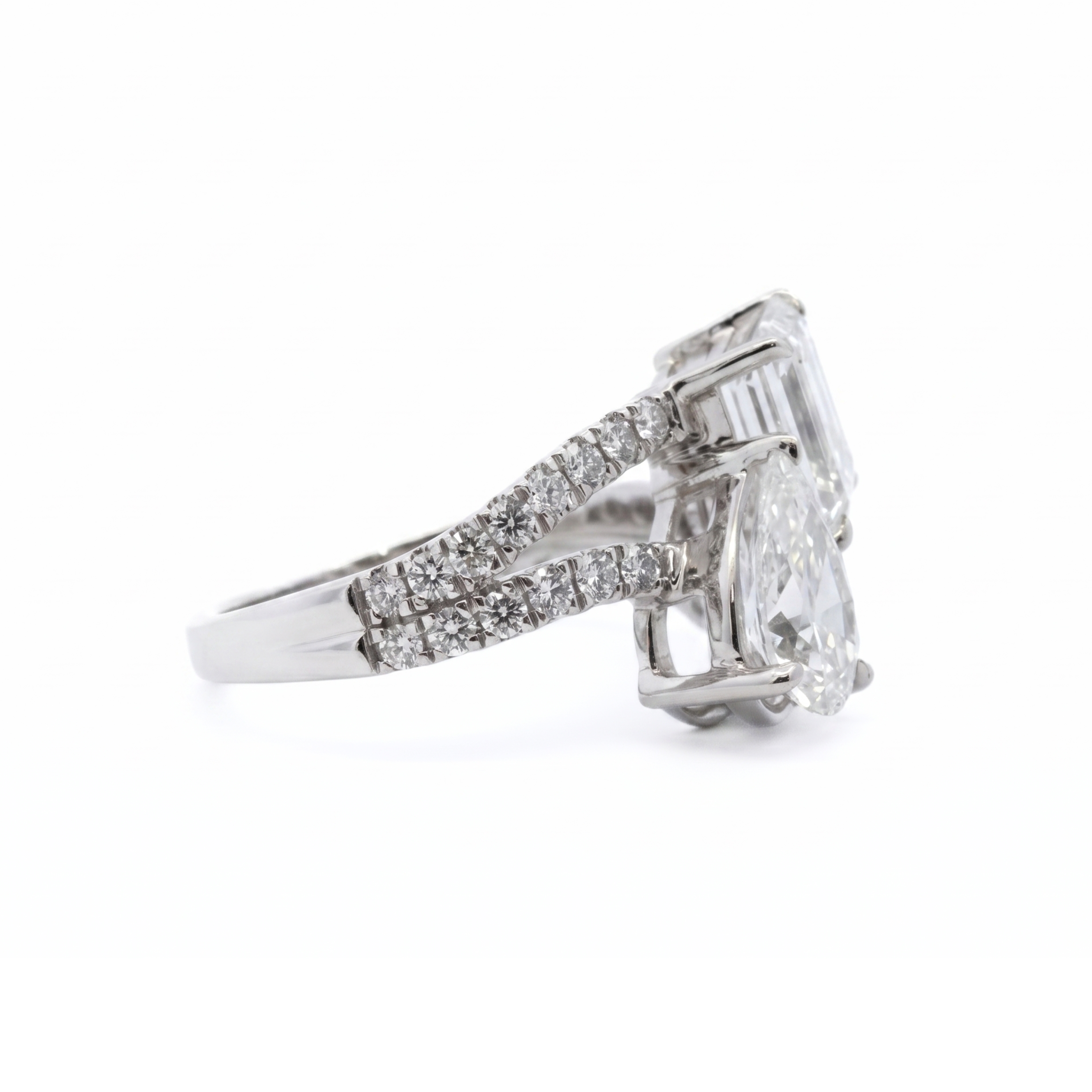 The "Mira" — 14K White Gold 3.50CTW. Toi-et-Moi Emerald-Cut and Pear Lab-Grown Diamond Accented Engagement Ring