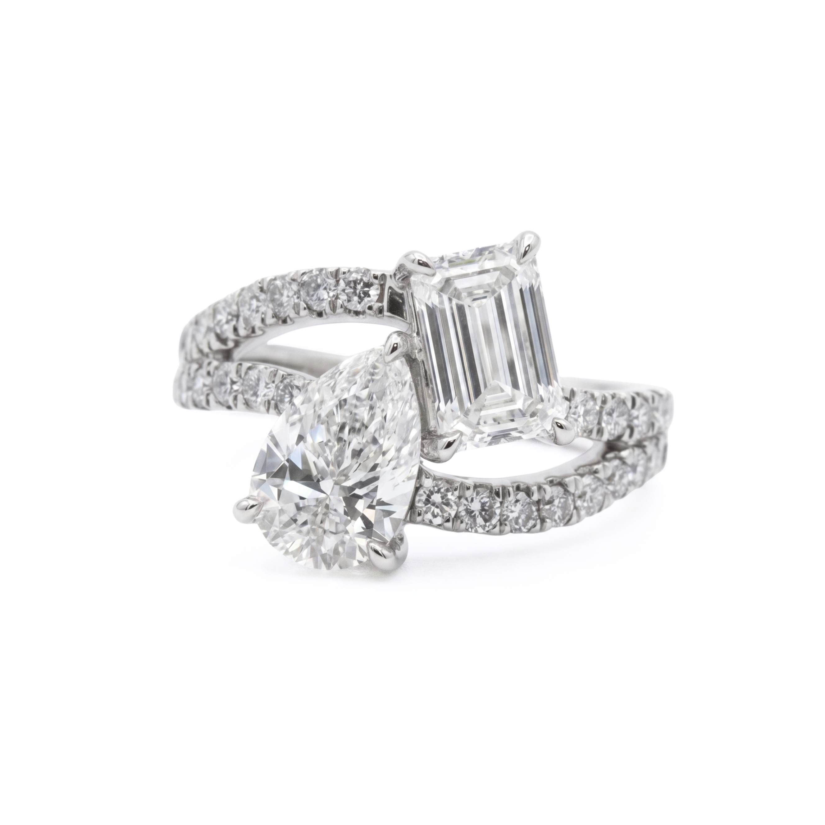 The "Mira" — 14K White Gold 3.50CTW. Toi-et-Moi Emerald-Cut and Pear Lab-Grown Diamond Accented Engagement Ring