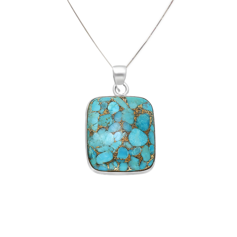 Picture of Soft-Cornered Rectangular Turquoise and Copper Necklace hanging from a chain.