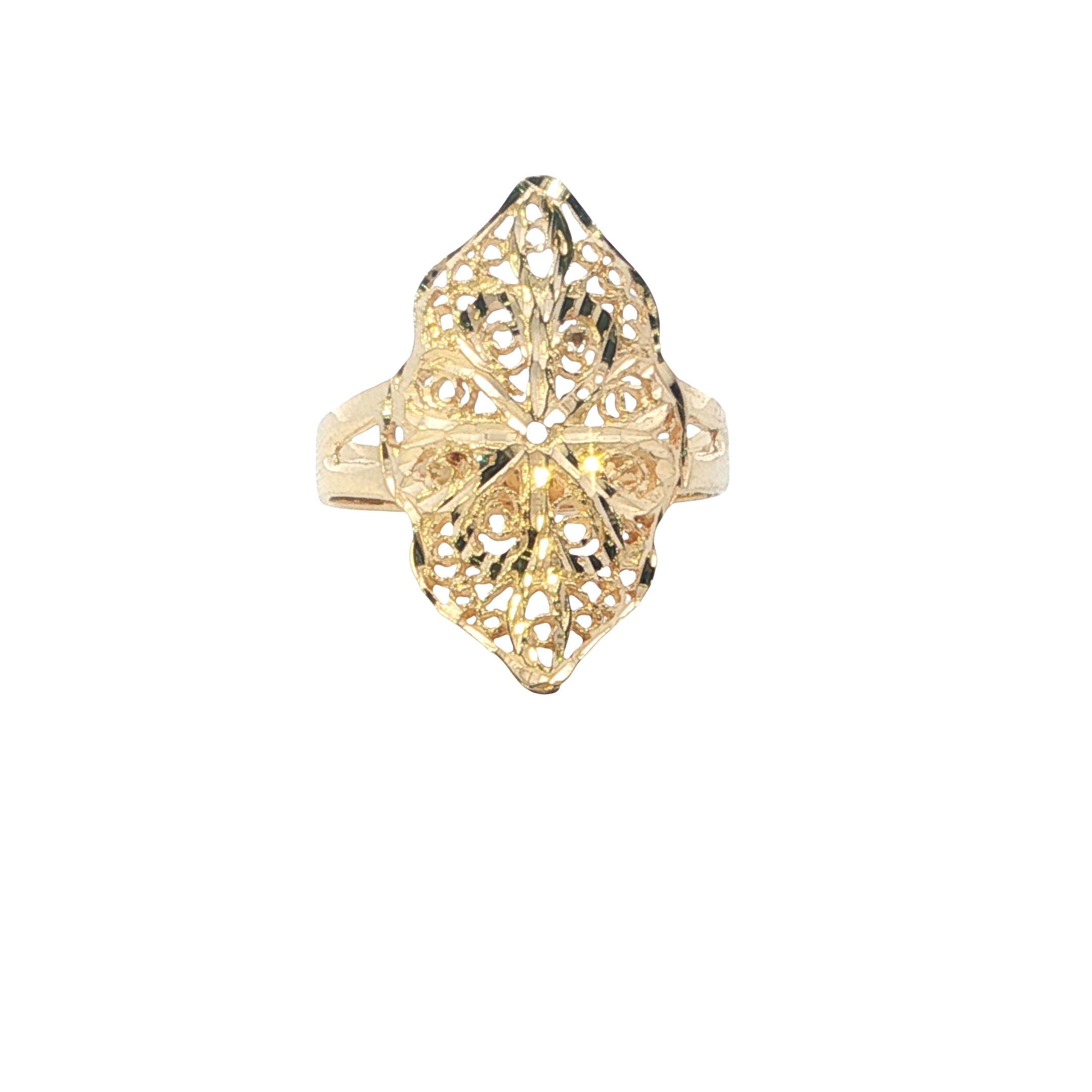 Gold filigree ring on a white background