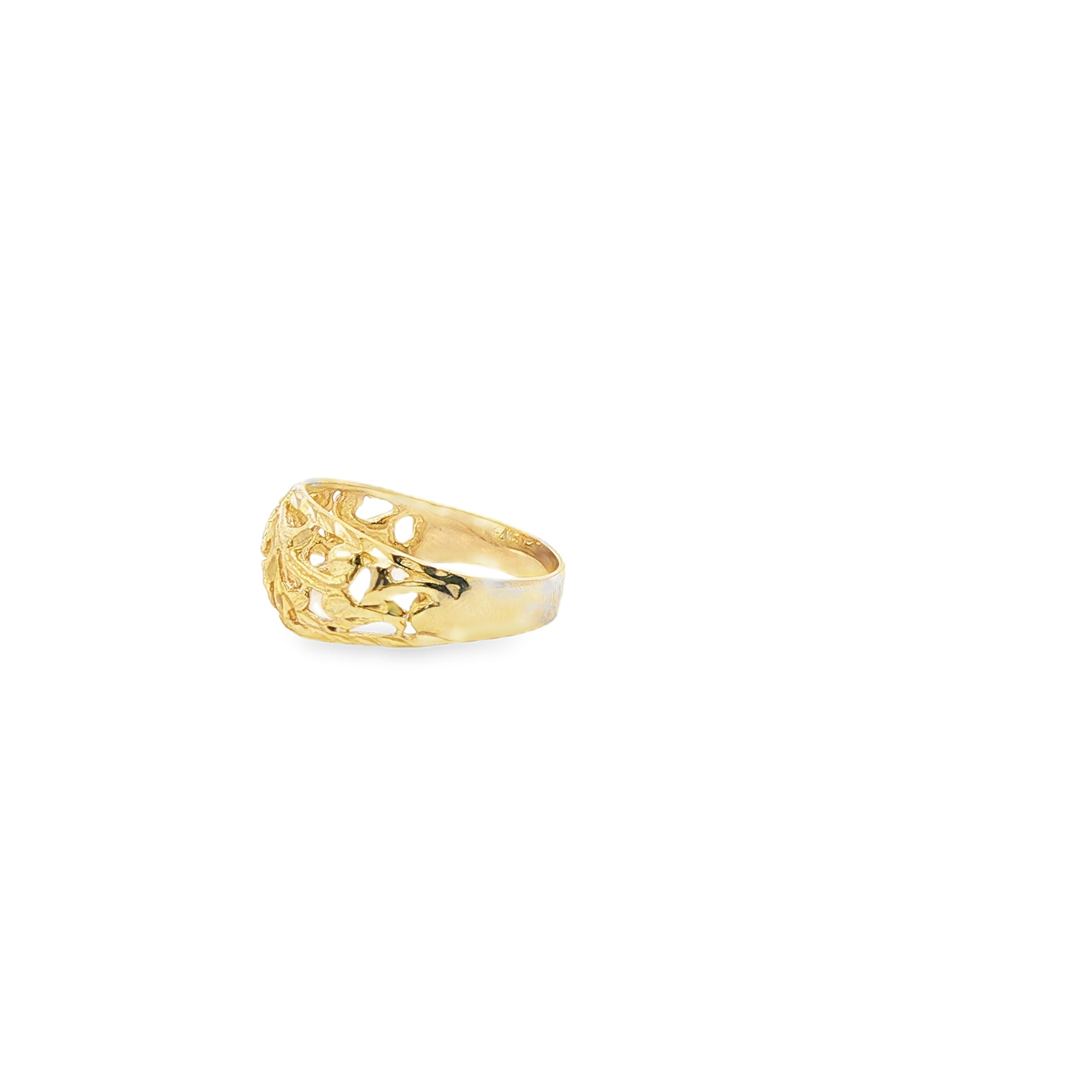 Gold ring with a textured design on a white background