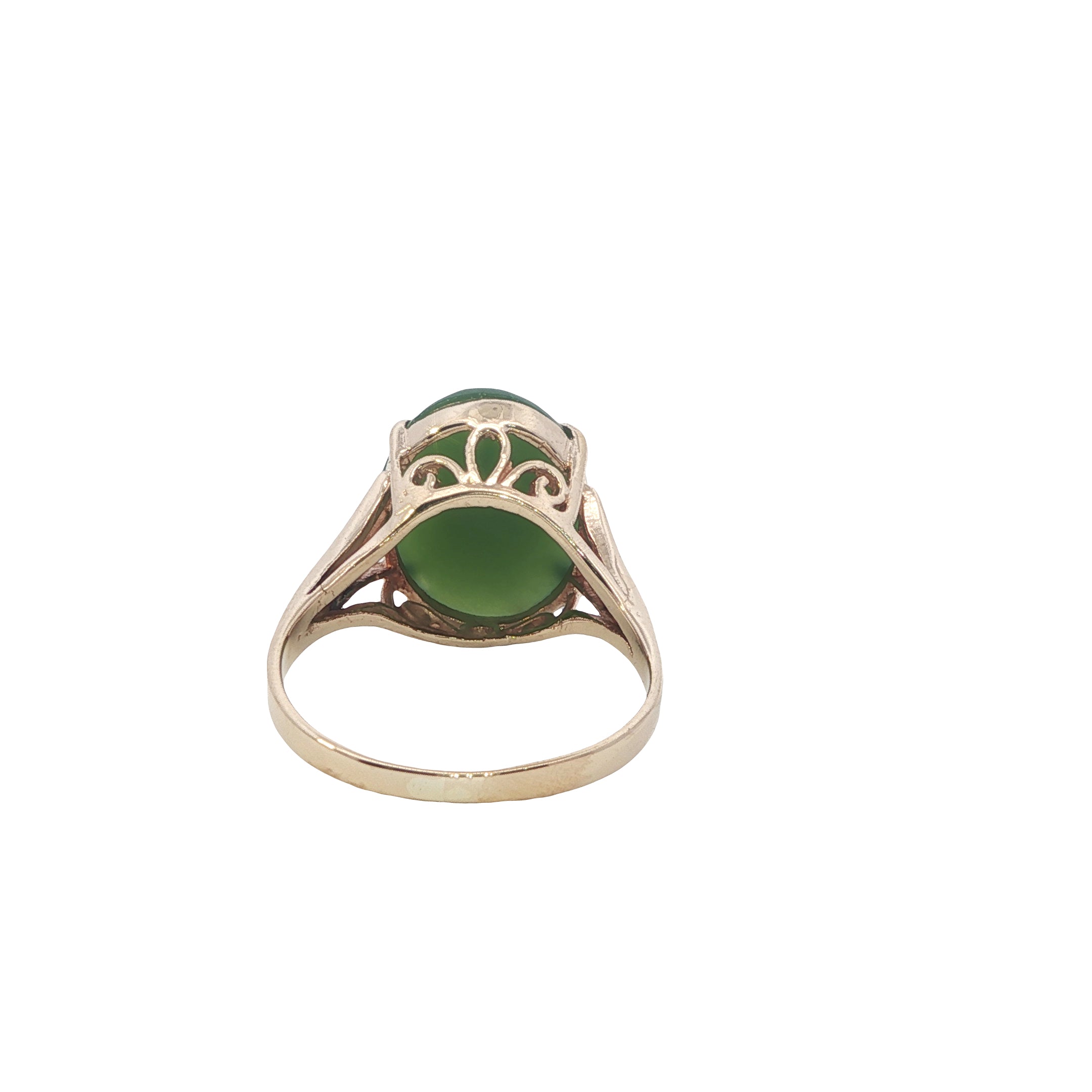 Estate Collection: 14K Yellow Gold Oval Green Jade Cabochon Vintage Statement Ring
