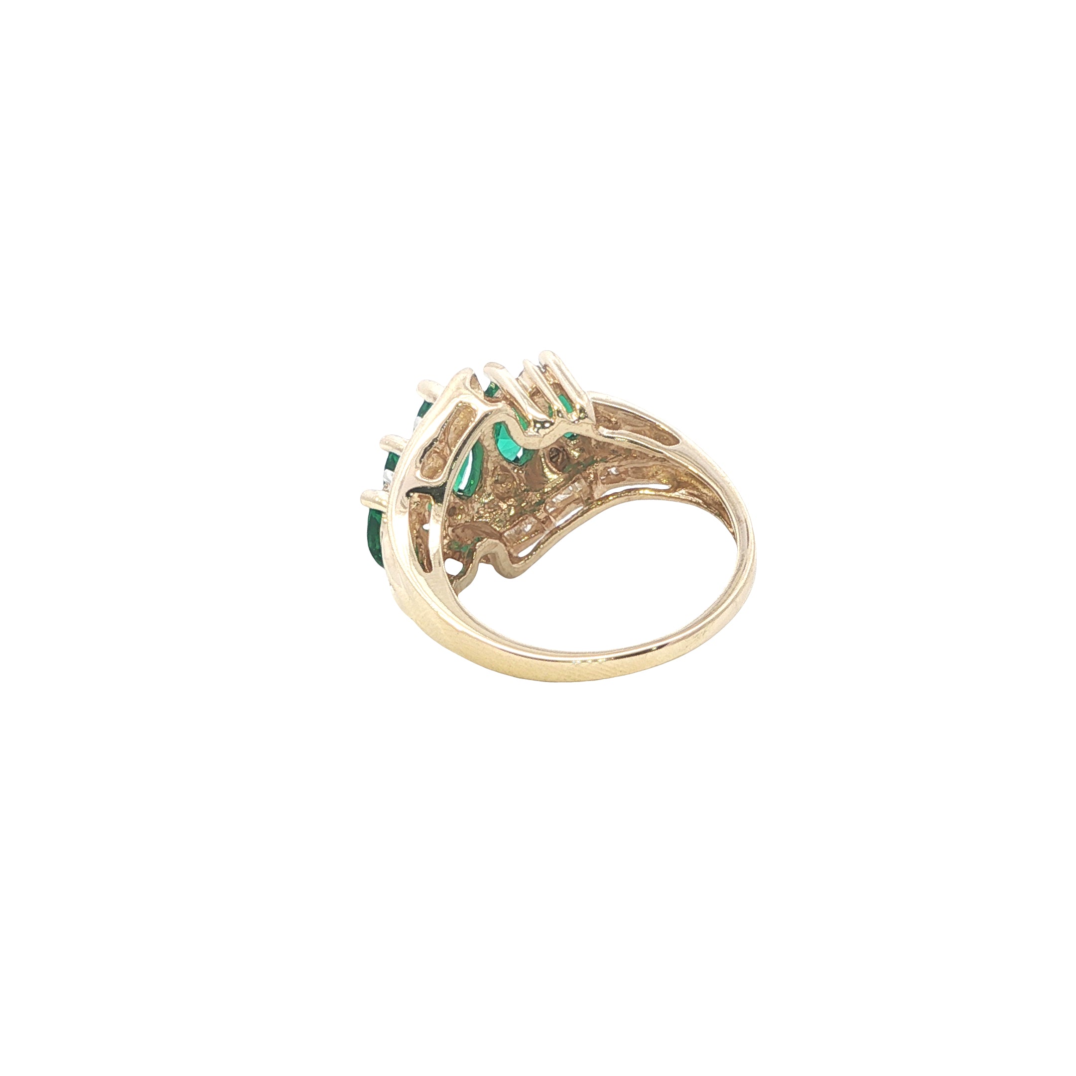 Estate Collection: 14K Yellow Gold 2.2CTW. Created Marquise Emerald & Baguette Diamond Cocktail Ring