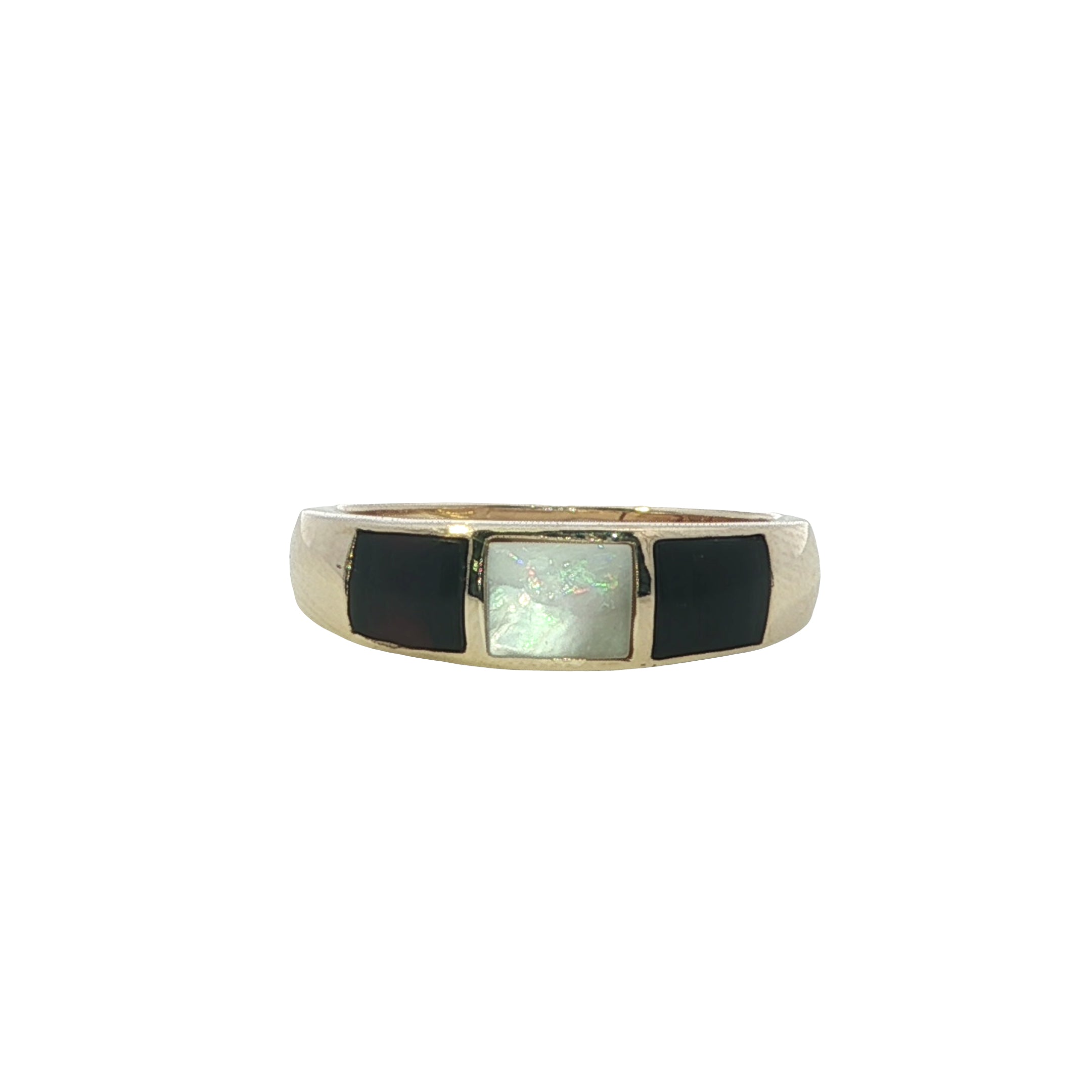 Gold ring with black and green gemstones on a white background