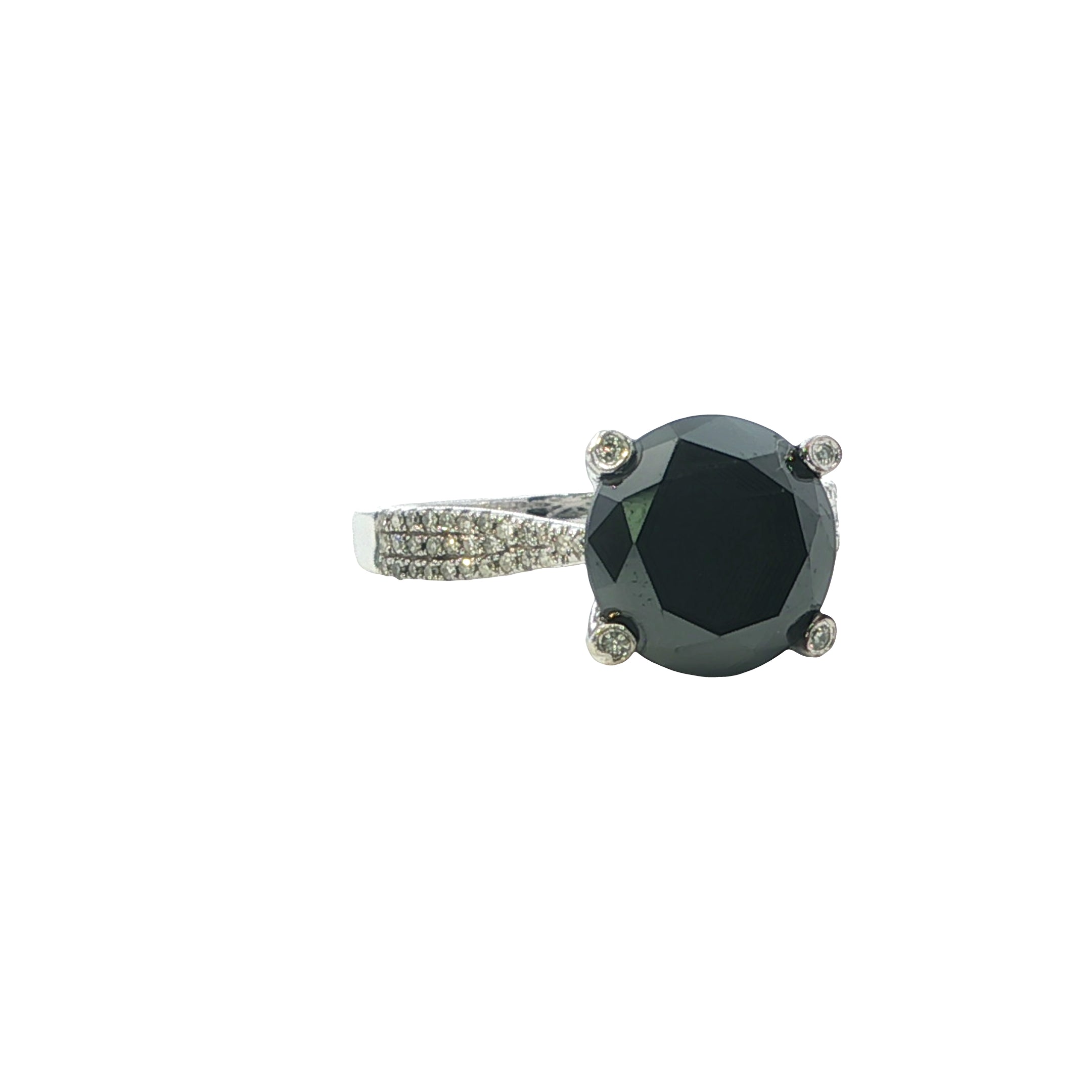Ring with a large black gemstone and smaller diamonds on a white background