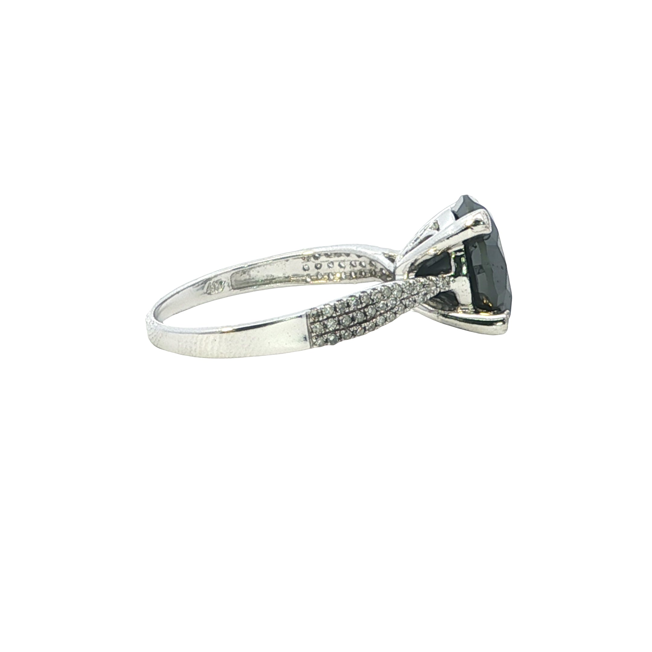 Silver ring with a large gemstone and smaller stones on a white background