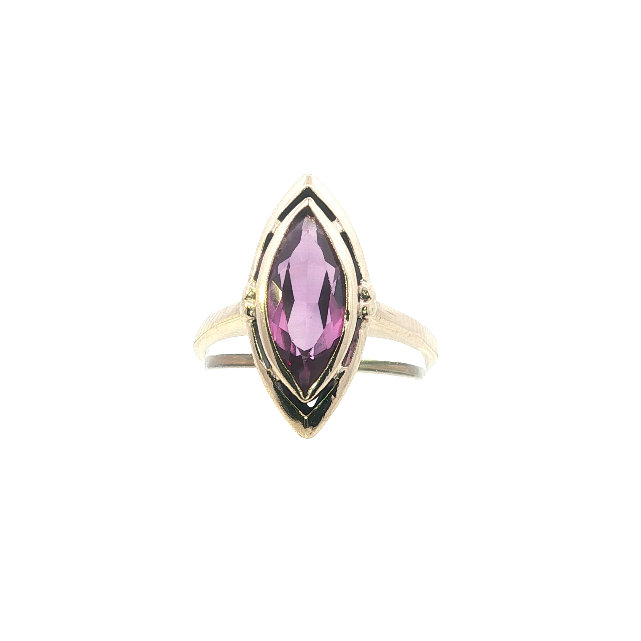 Ring with a marquise-shaped pink gemstone on a white background