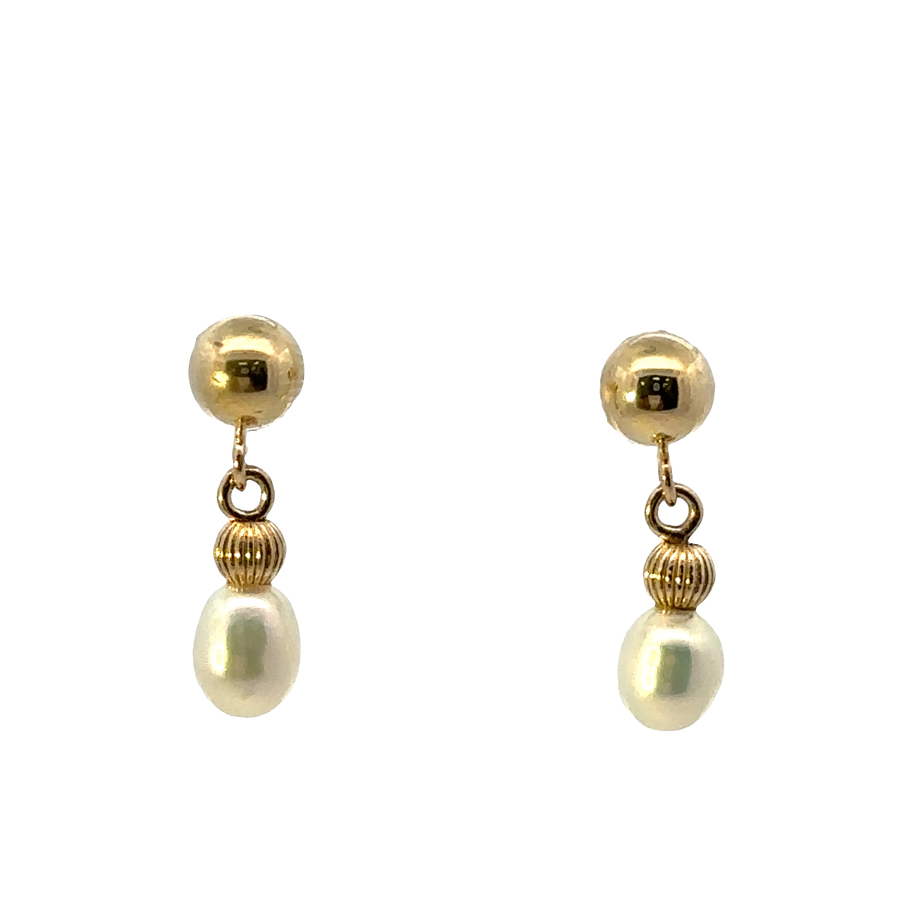 Pair of gold earrings with pearl drops on a white background