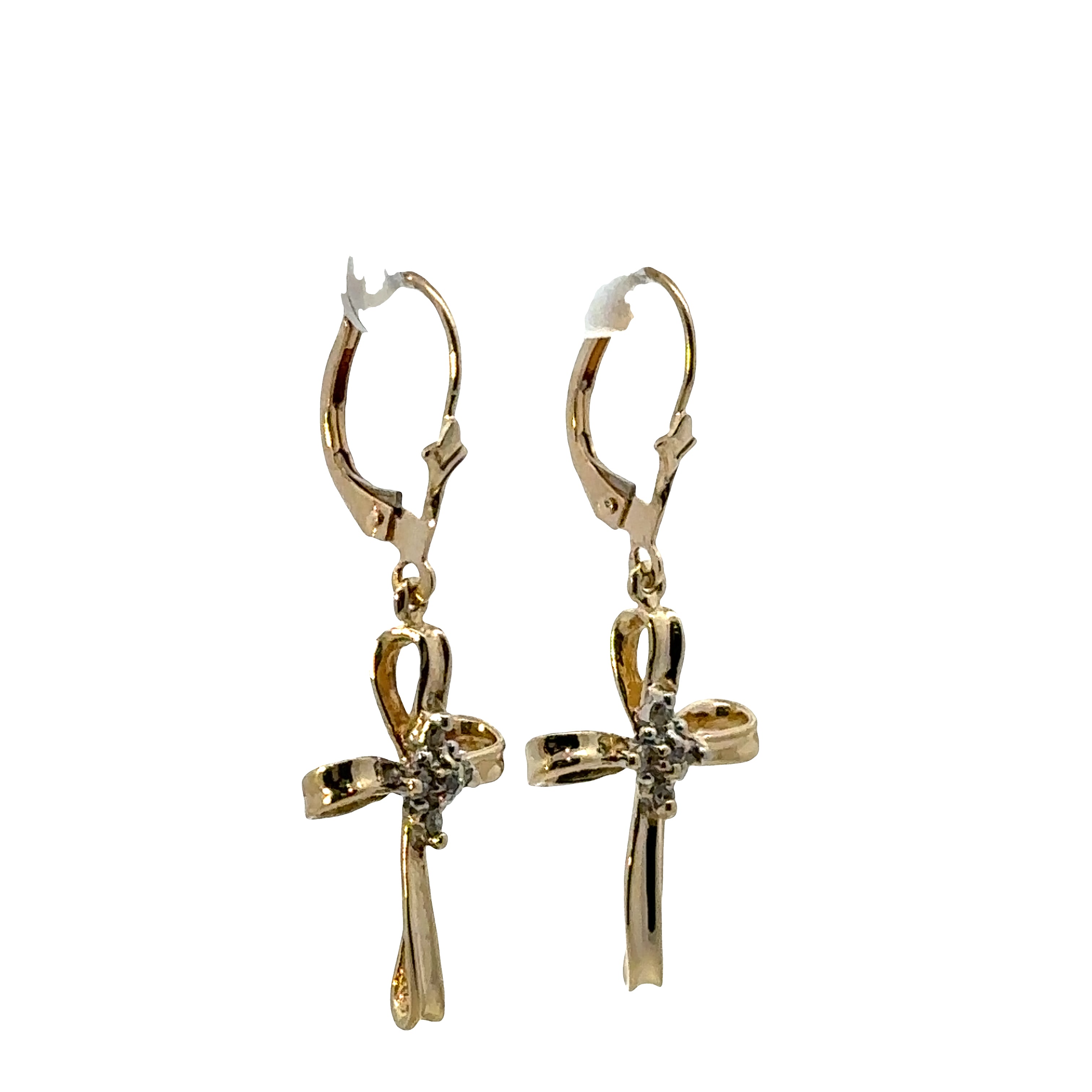 Gold cross earrings on a white background