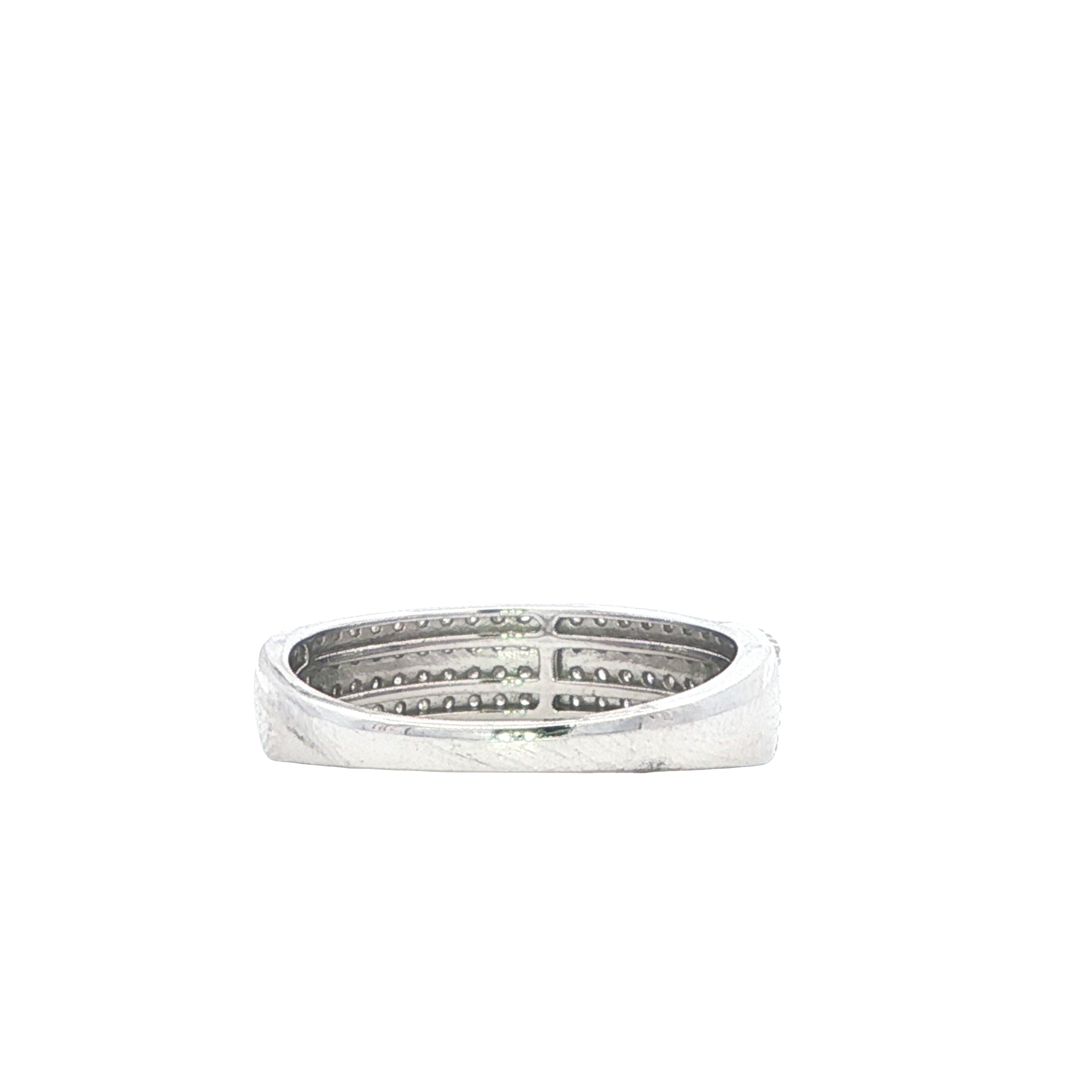 Silver ring with a textured band on a white background