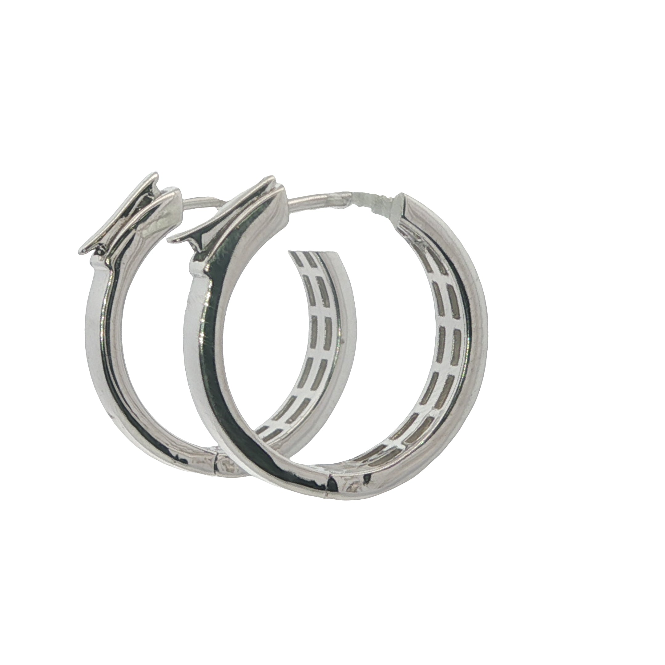 Pair of silver hoop earrings on a white background