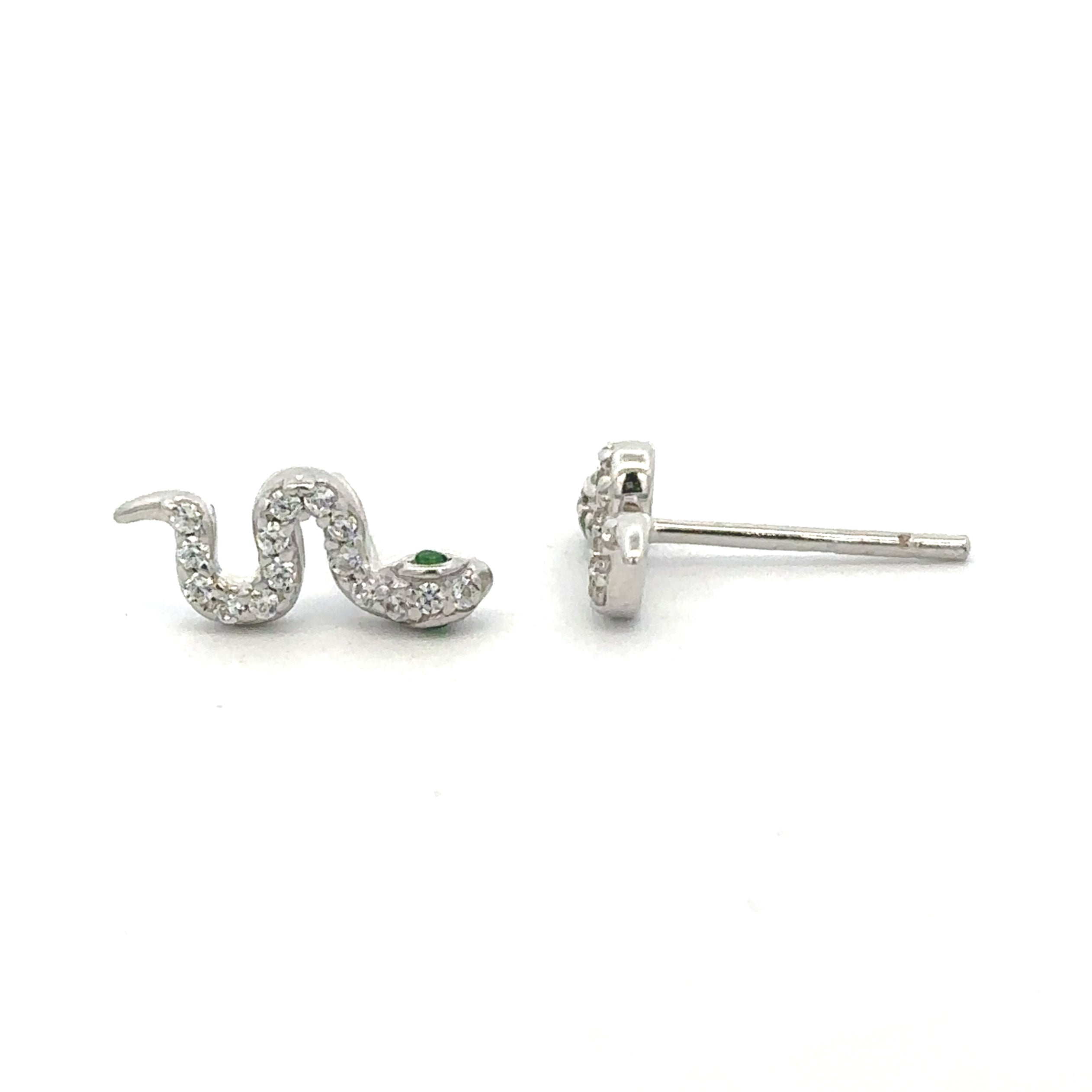 Sterling Silver Created White & Green Sapphires Snake Stud Earrings