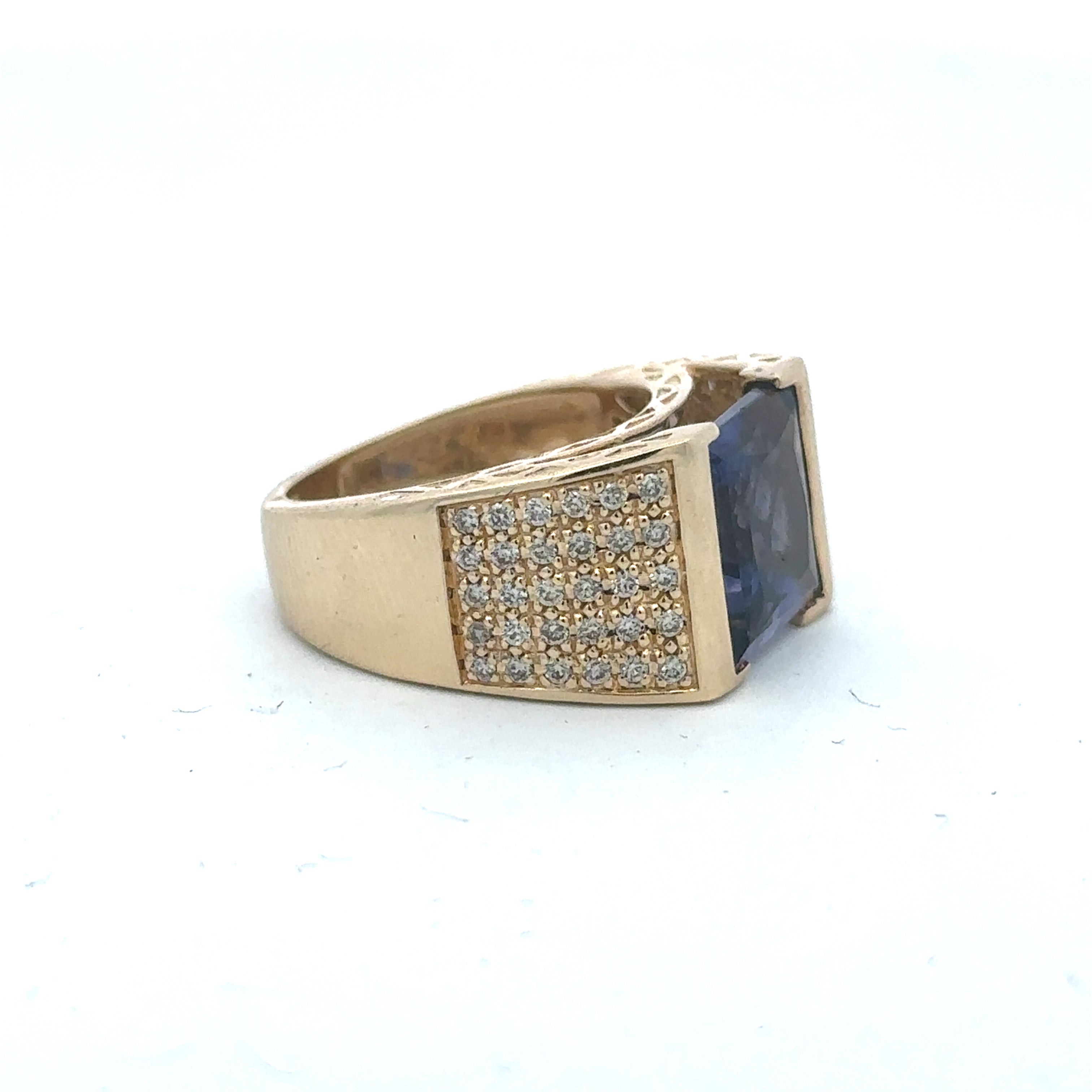 Estate Collection: 14K Yellow Gold Iolite Princess-Cut Accented Diamond Wide Ring