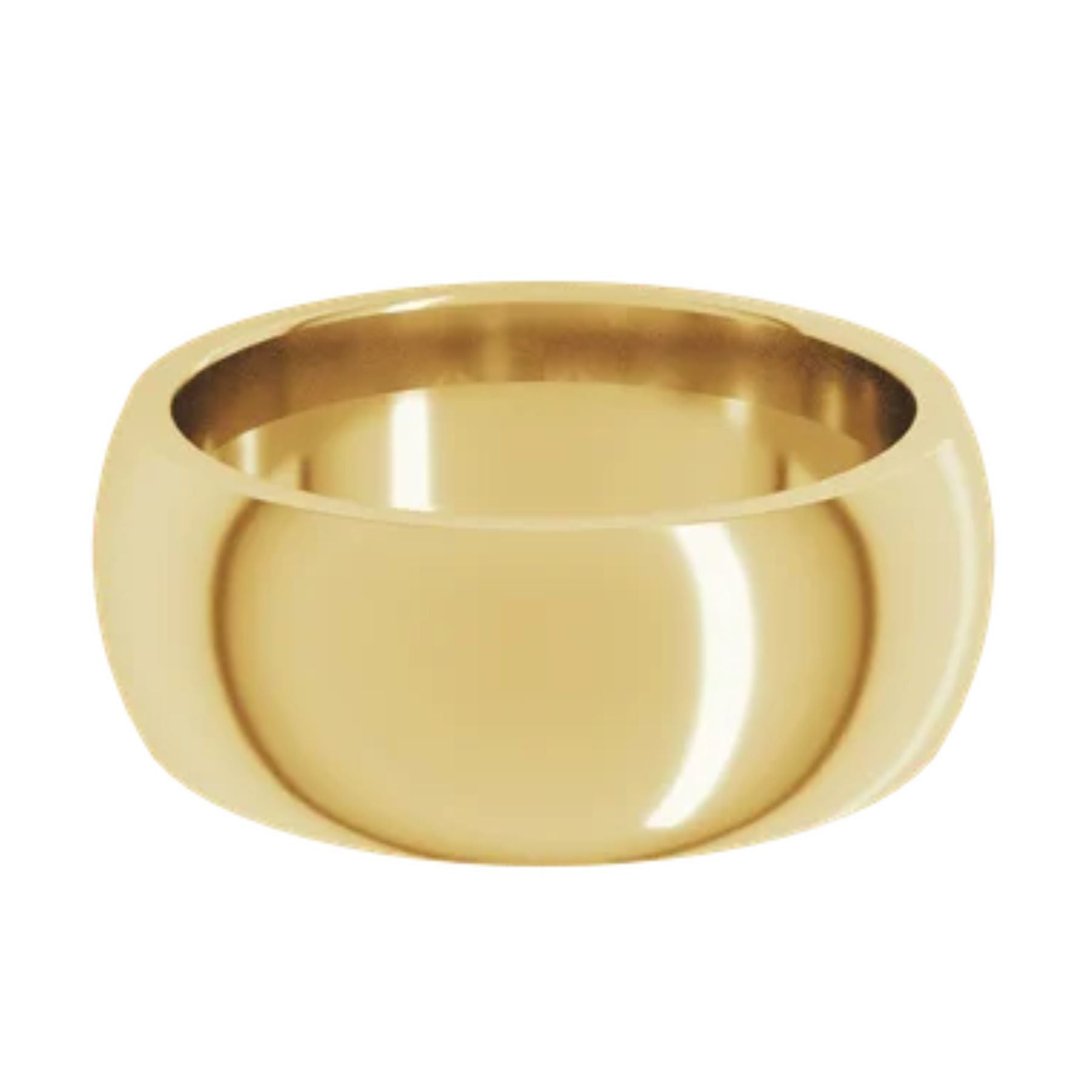A polished yellow gold band ring with a smooth, rounded dome-like exterior and a flat top, shown on a plain white background.