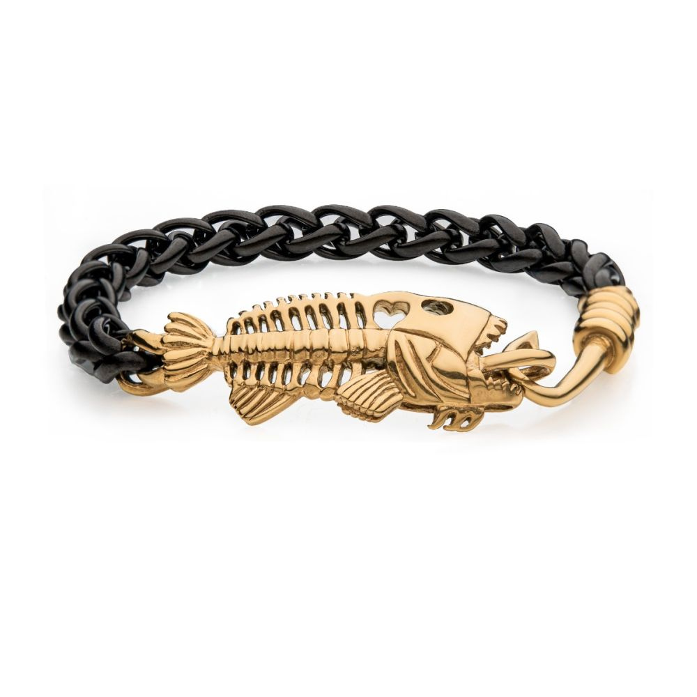 INOX Black IP Wheat Chain with Gold IP Fishbone on Hook Clasp Bracelet