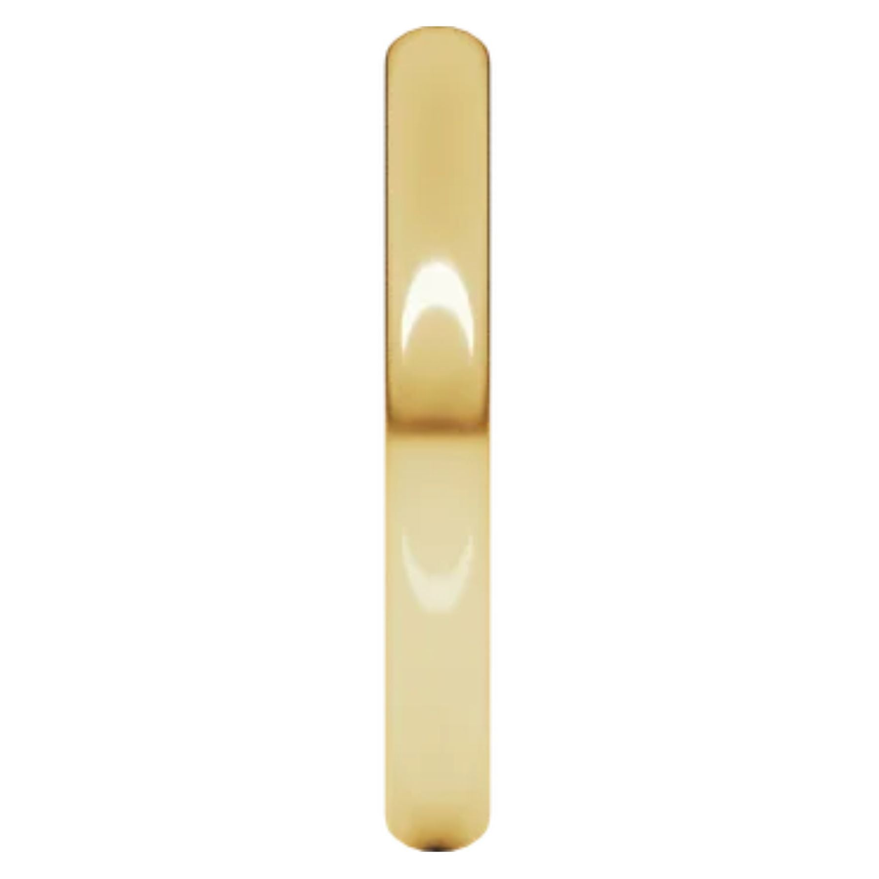 A polished yellow gold band ring shown vertically against a plain white background.