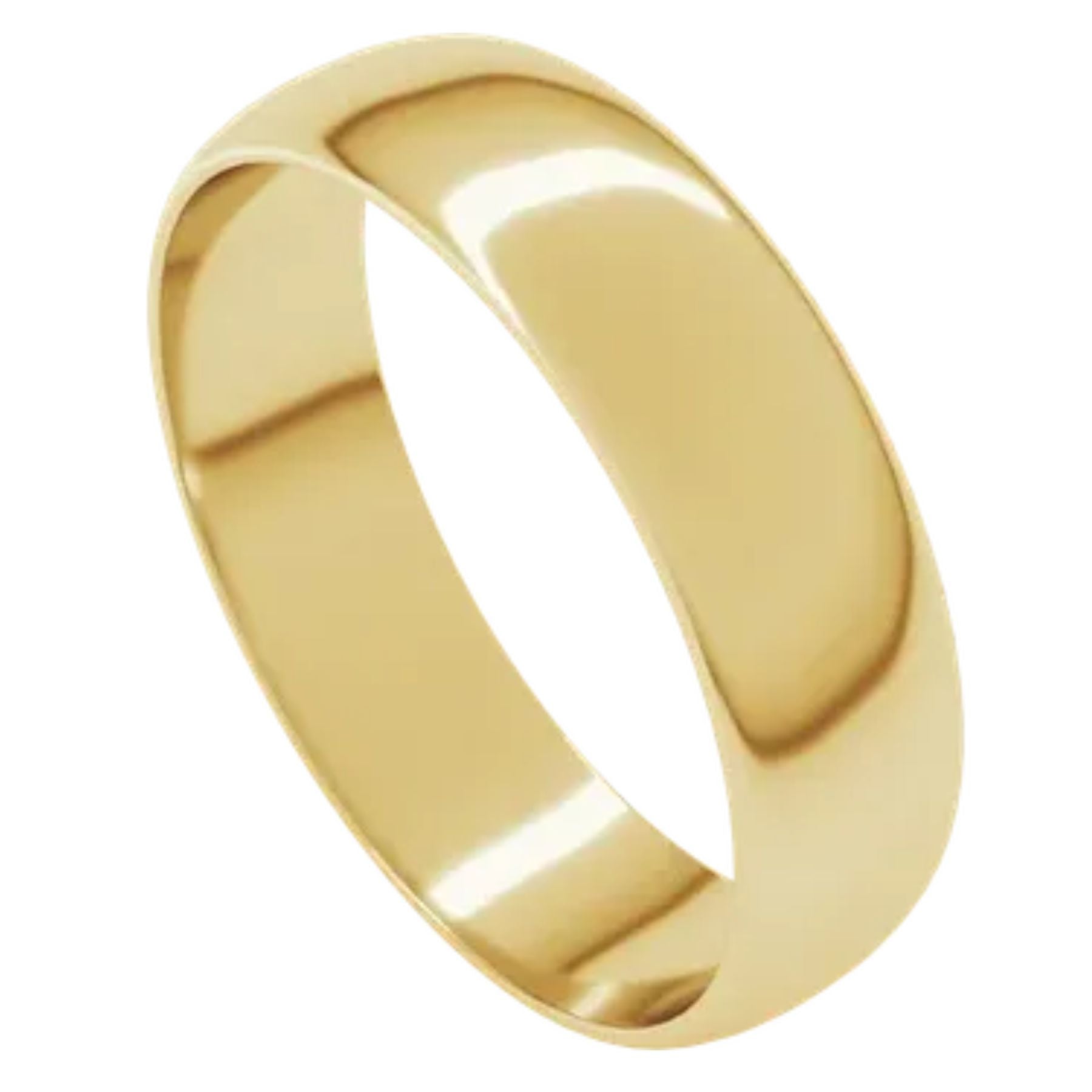 A classic yellow gold band ring with a smooth, polished finish, shown at an angle on a plain white background.